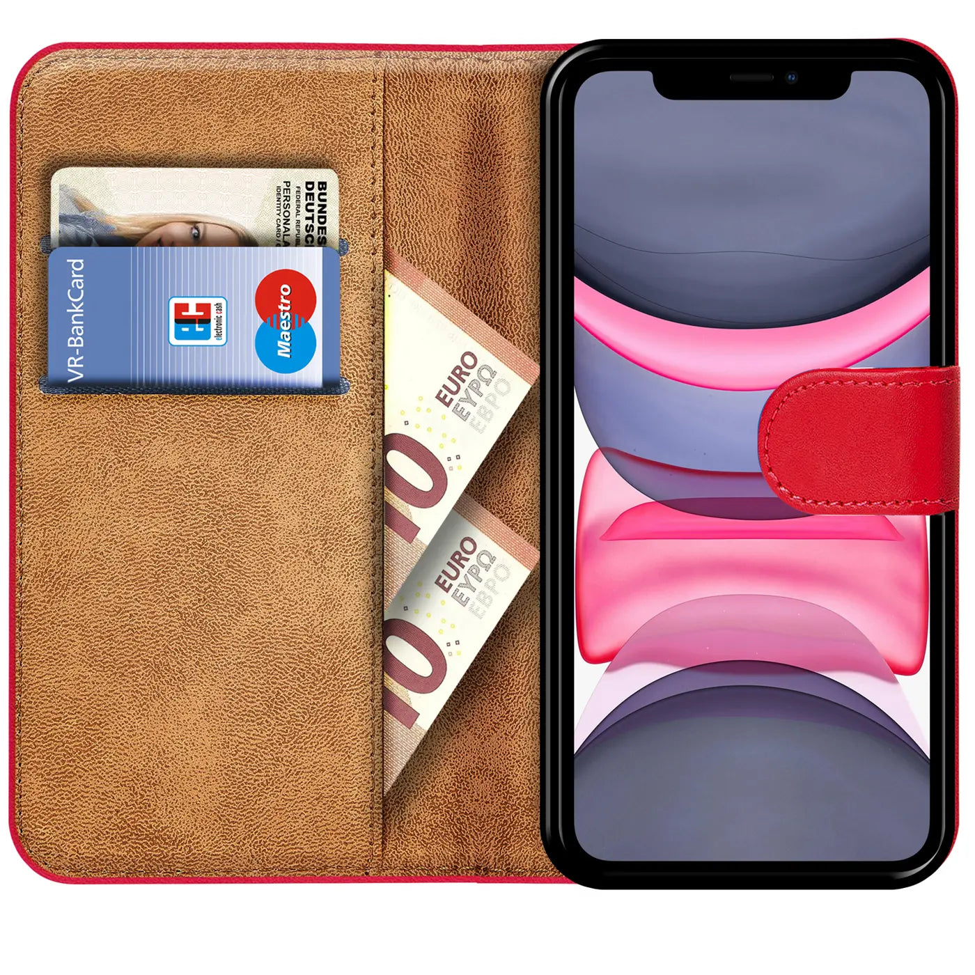 Rote Klapphülle aus Leder mit Kartenfächern und Geldscheinen, zeigt iPhone 11 von vorne.
