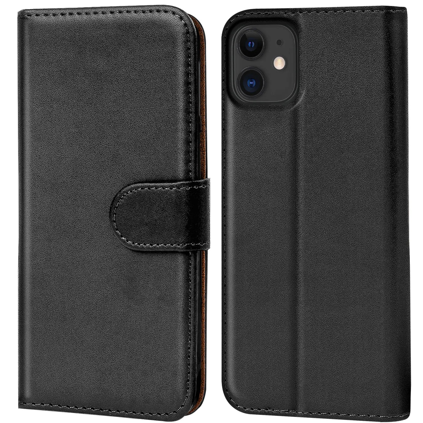 Schwarze Leder-Klapphülle mit Kartenfächern, zeigt iPhone 11 von vorne und hinten.