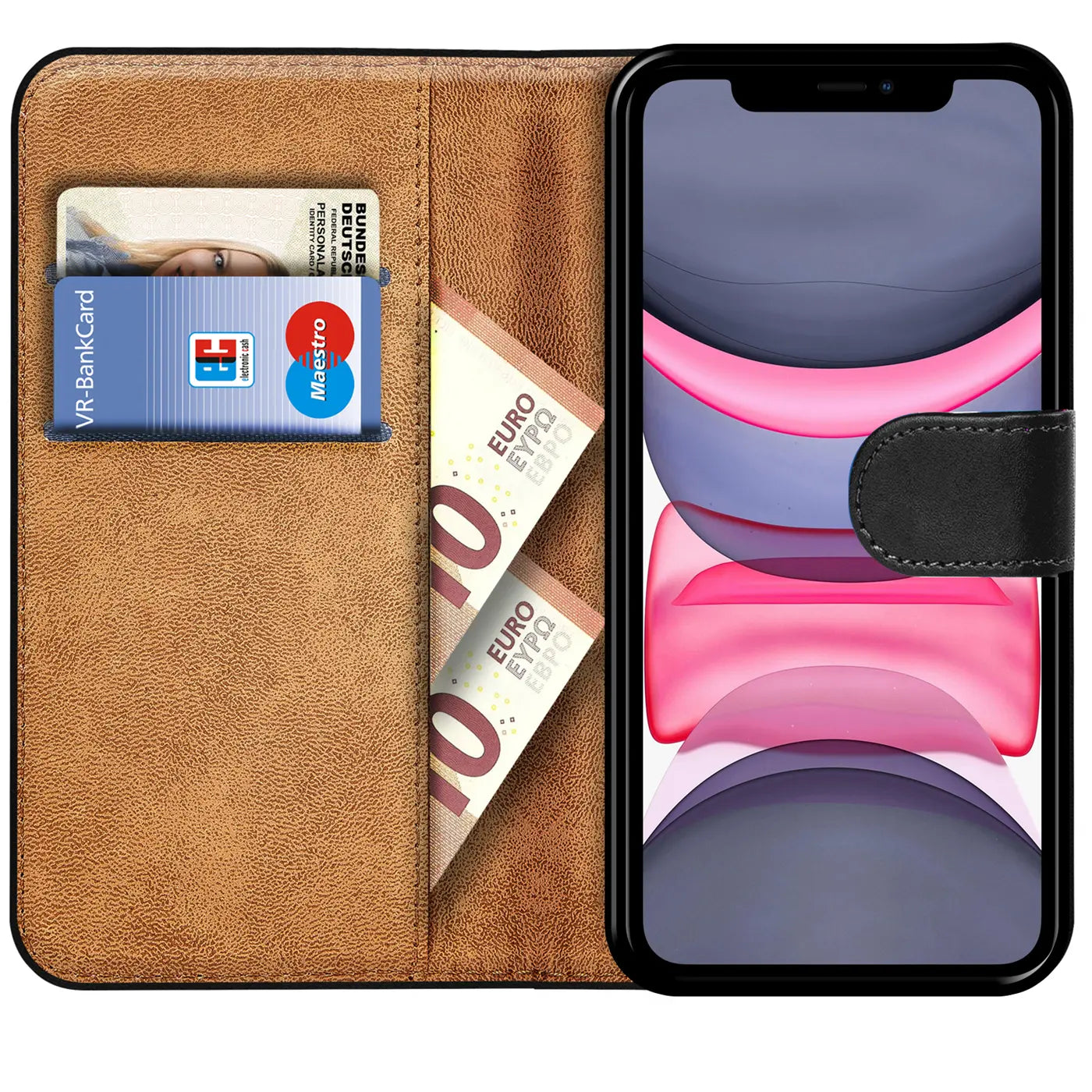 Braune Leder-Klapphülle mit Kartenfächern, zeigt iPhone 11, von vorn