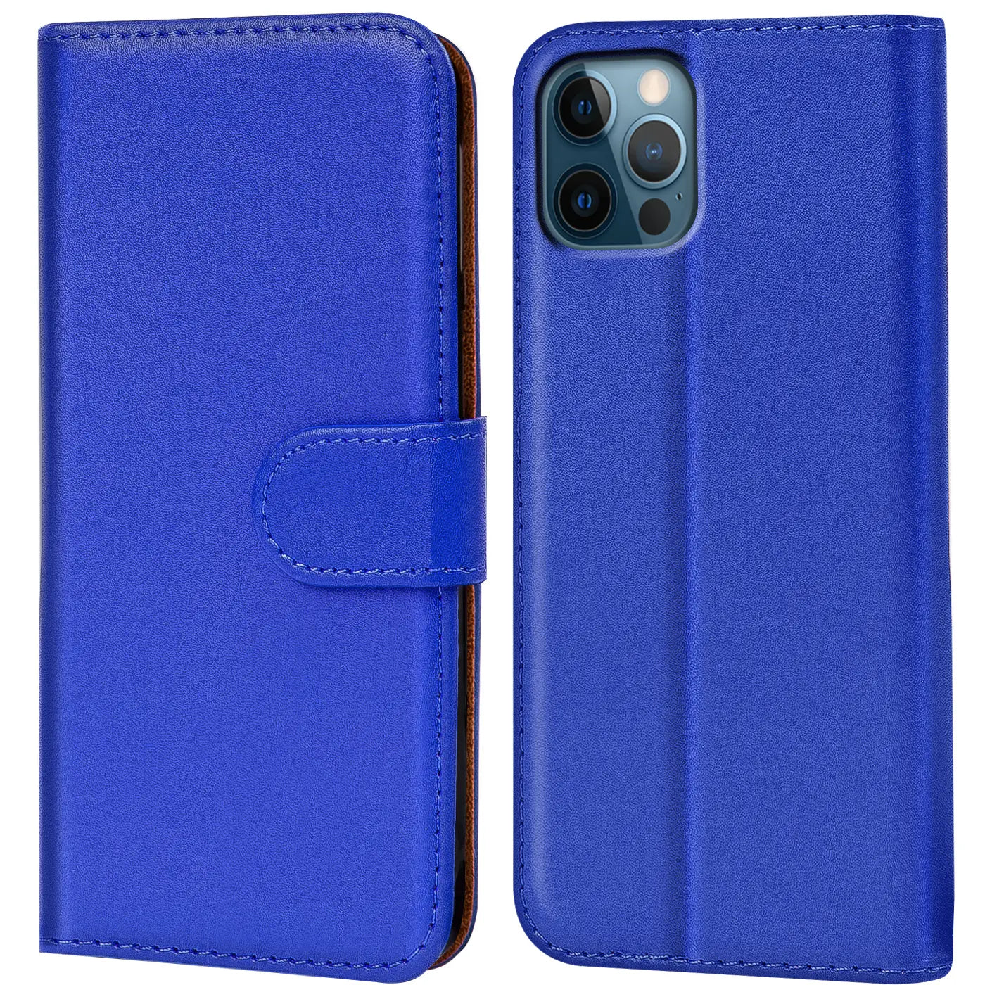 Blaue Kunstleder-Klapphülle mit Kartenfächern, Vorder- und Rückansicht, iPhone 12 Pro.