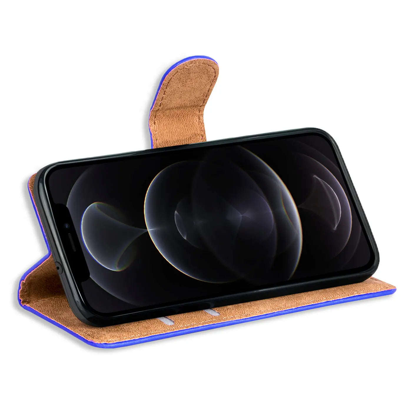 iPhone 12/12 Pro Klapphülle, blaues Kunstleder, braunes Wildlederfutter, von vorne schräg