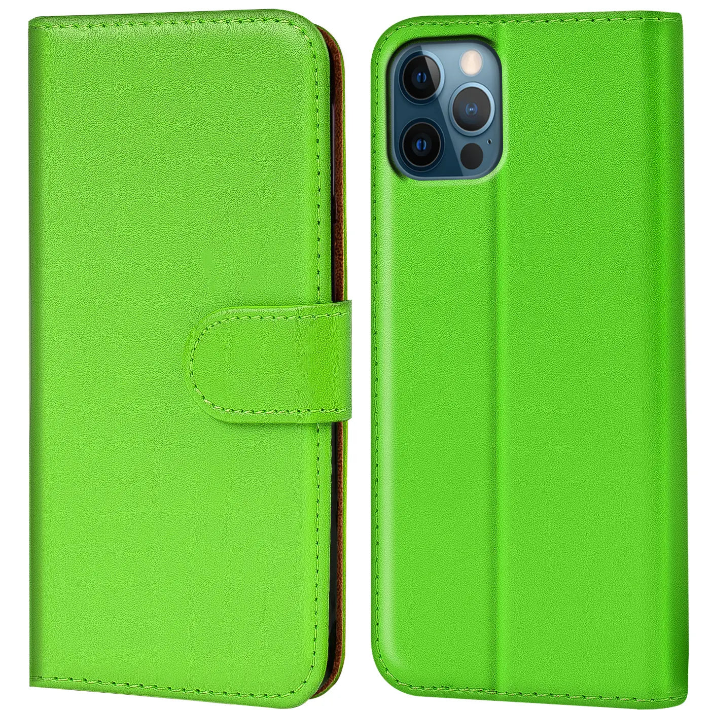 Grüne Leder-Klapphülle mit Kartenfächern, Vorder- und Rückansicht, iPhone 12 Pro