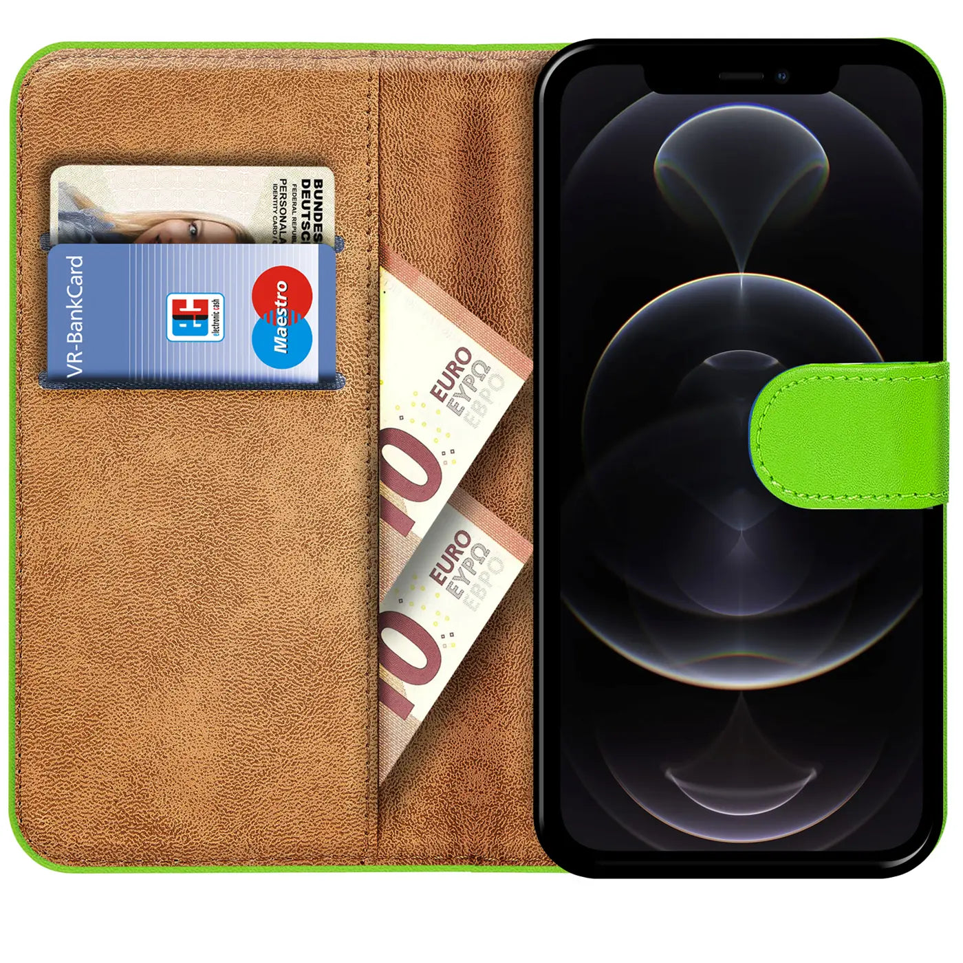 Grüne Klapphülle aus Leder mit Kartenfächern und Geldscheinen, zeigt iPhone 12 Pro.