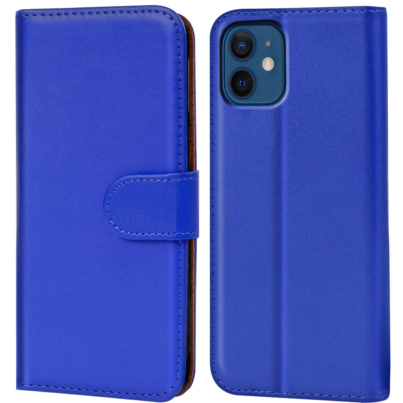Blaue Kunstleder-Klapphülle mit Kartenfächern, Vorder- und Rückansicht, iPhone 12 Mini.