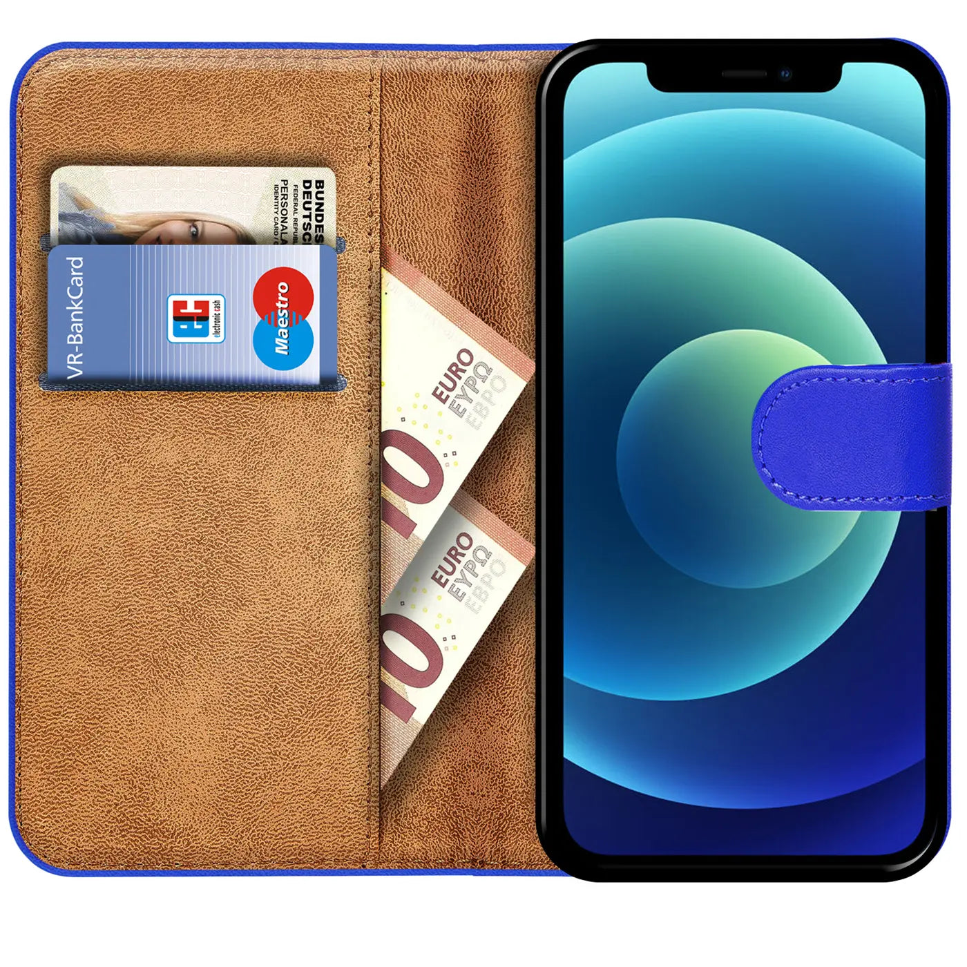 Blaue Klapphülle aus Lederimitat mit Kartenfächern, zeigt iPhone 12 Mini.