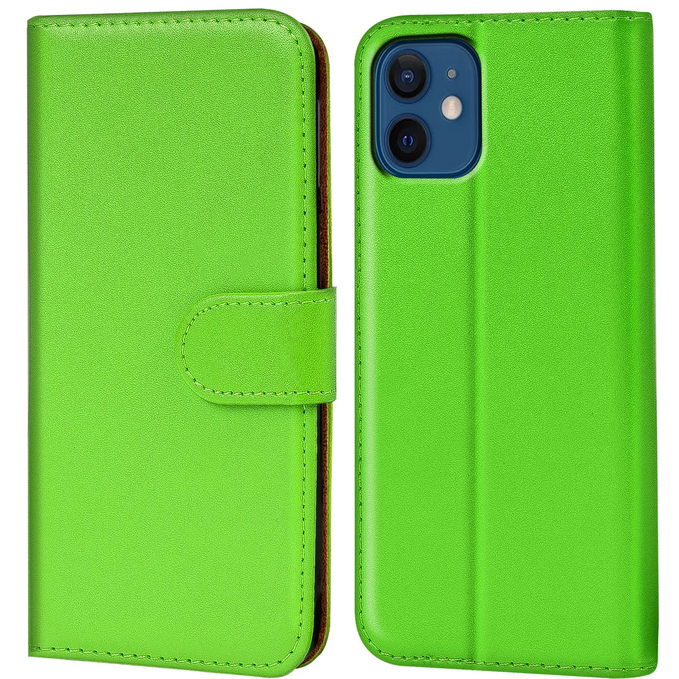 Grüne Klapphülle aus Leder mit Kartenfächern, Vorder- und Rückansicht, iPhone 12 Mini.