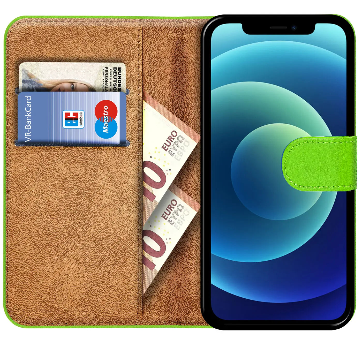 Grüne Klapphülle aus Leder mit Kartenfächern und Geldscheinen, zeigt iPhone 12 Mini.