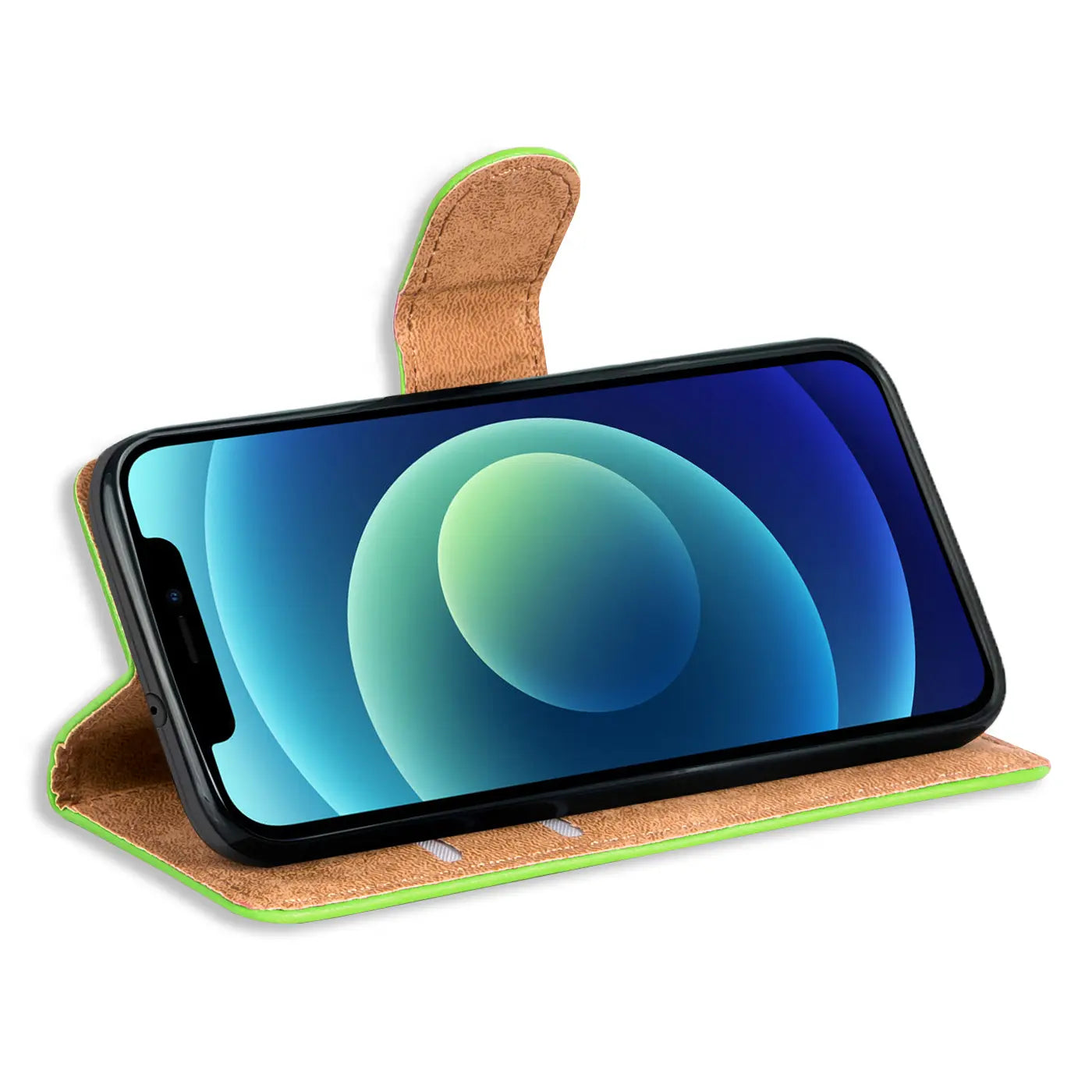 Grüne Klapphülle aus Leder mit braunem Innenfutter, iPhone 12 Mini, Seitenansicht.