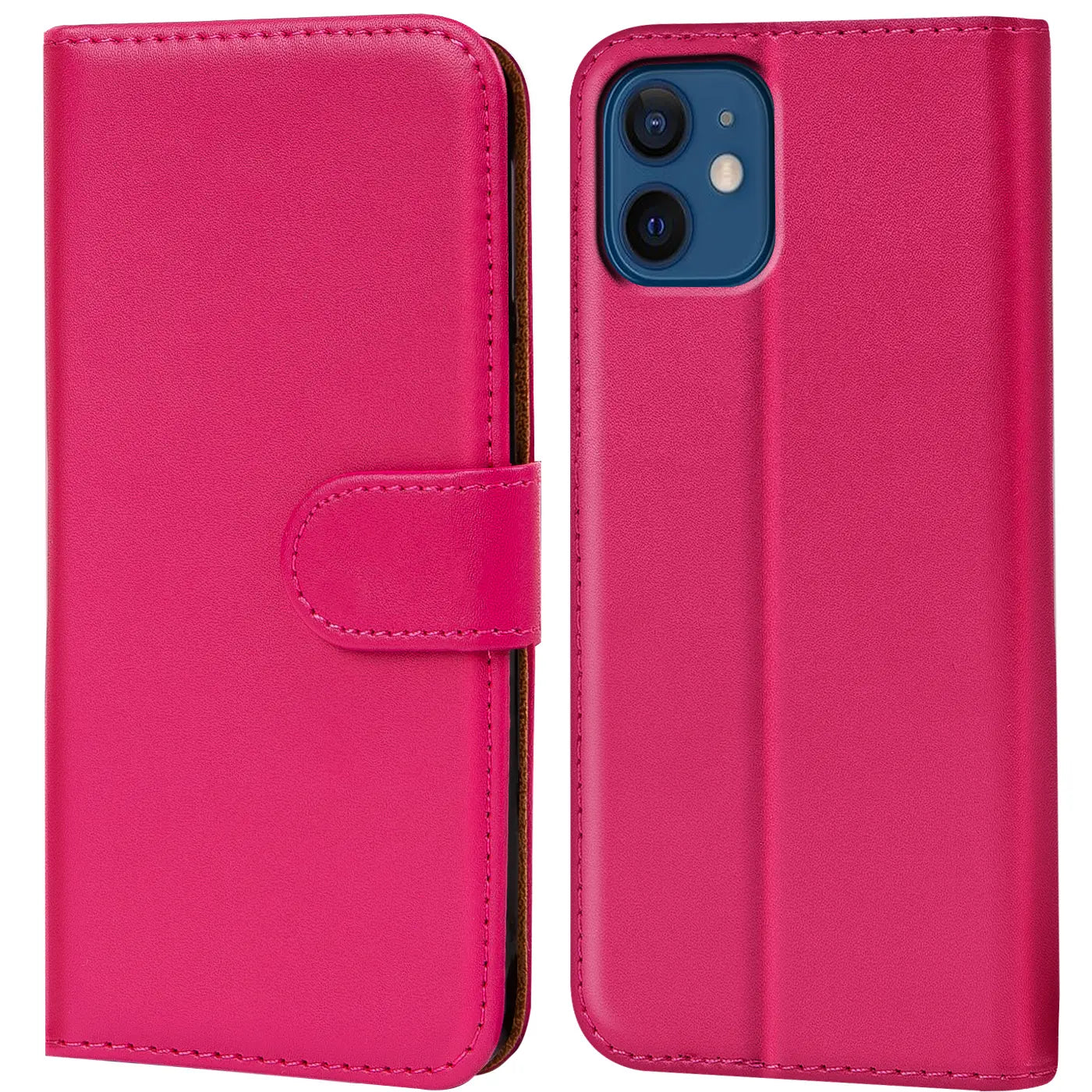 Pink Kunstleder-Klapphülle mit Kartenfächern und iPhone 12 Mini, Vorder- und Rückansicht