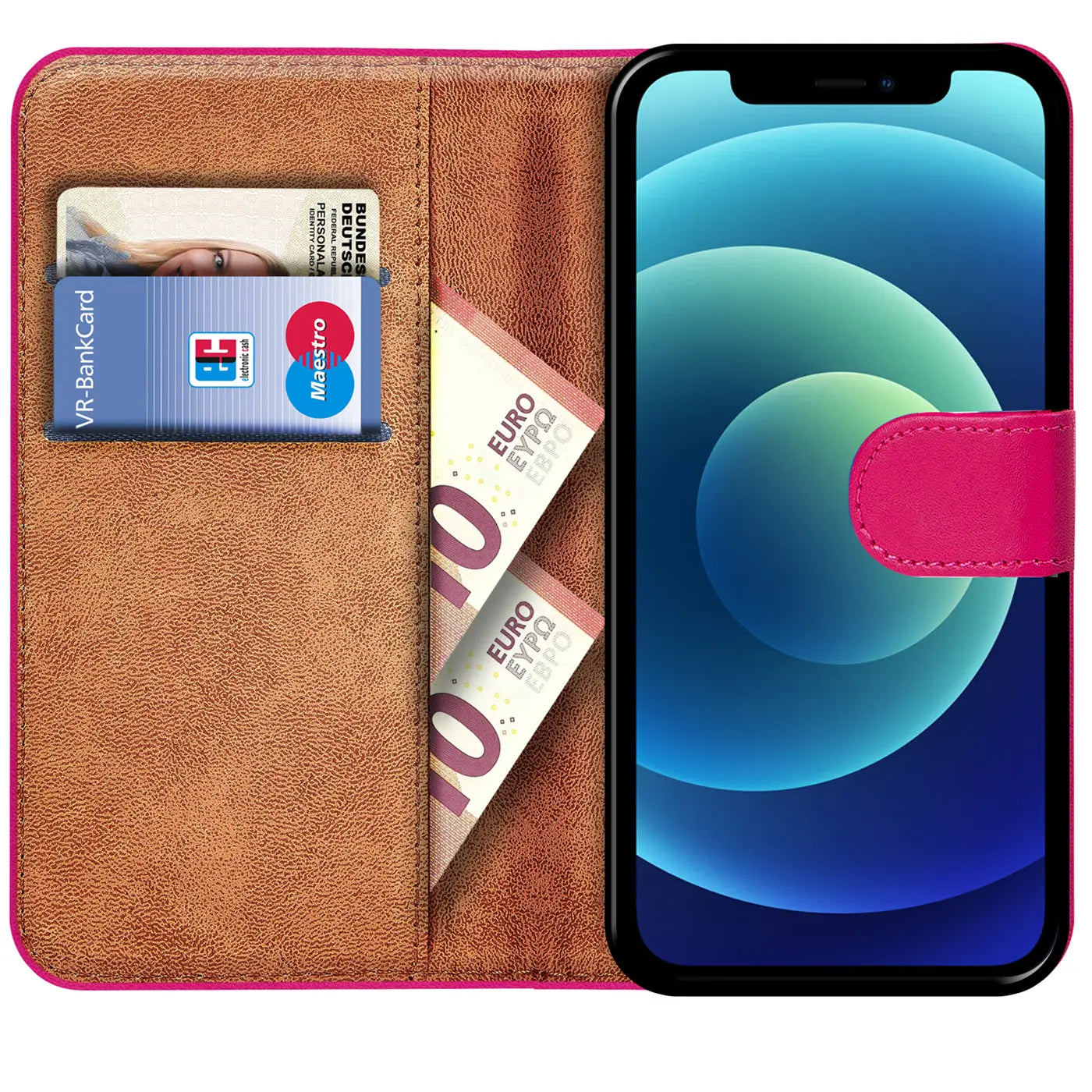 Pink Klapphülle aus Leder mit Kartenfächern und iPhone 12 Mini, von vorne