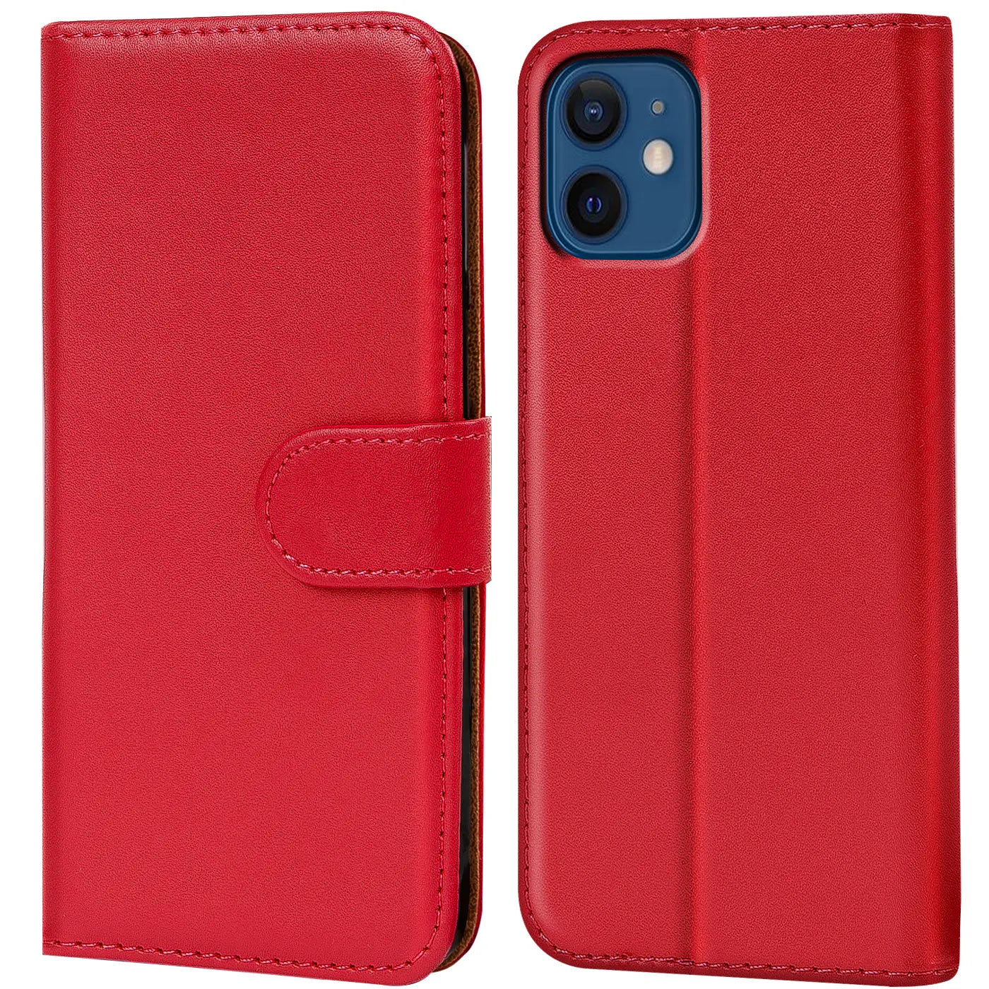 Rote Leder-Klapphülle mit Kartenfächern, zeigt iPhone 12 Mini Rückseite.
