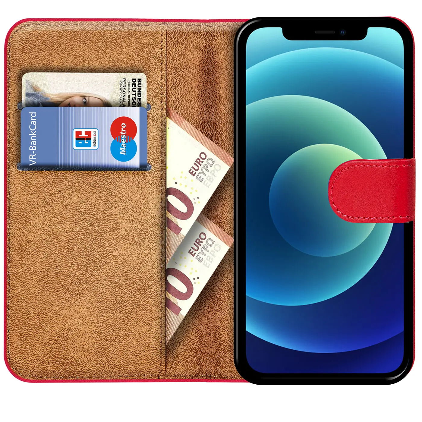 Rote Klapphülle aus Leder mit Kartenfächern, zeigt iPhone 12 Mini, von vorne