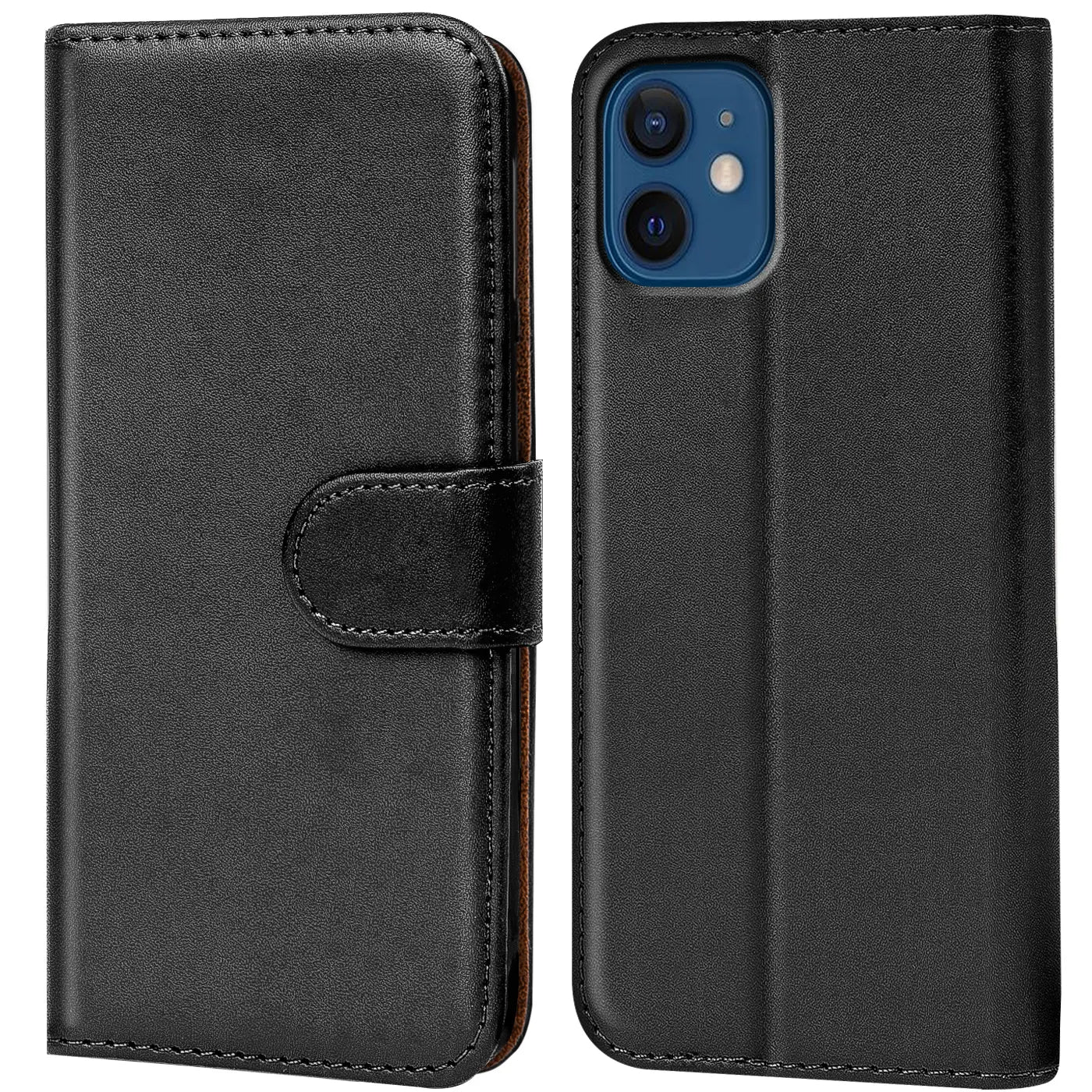 Schwarze Leder-Klapphülle mit Kartenfächern, zeigt iPhone 12 Mini von vorne und hinten.