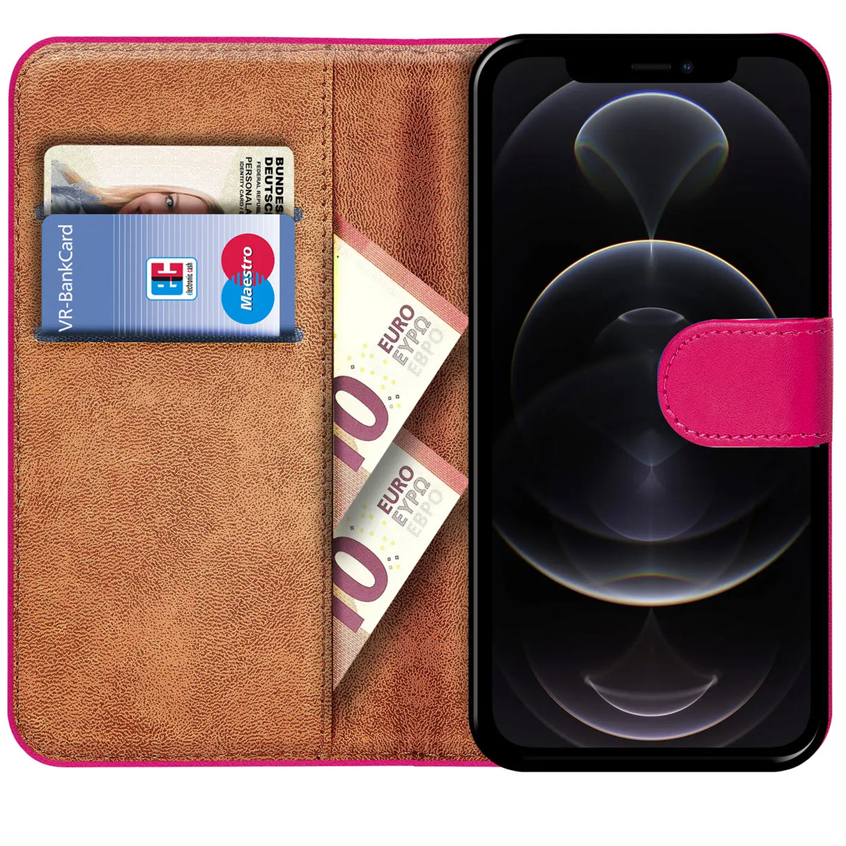 iPhone 12 / 12 Pro Klapphülle in Pink mit Kartenfächern und Schutz