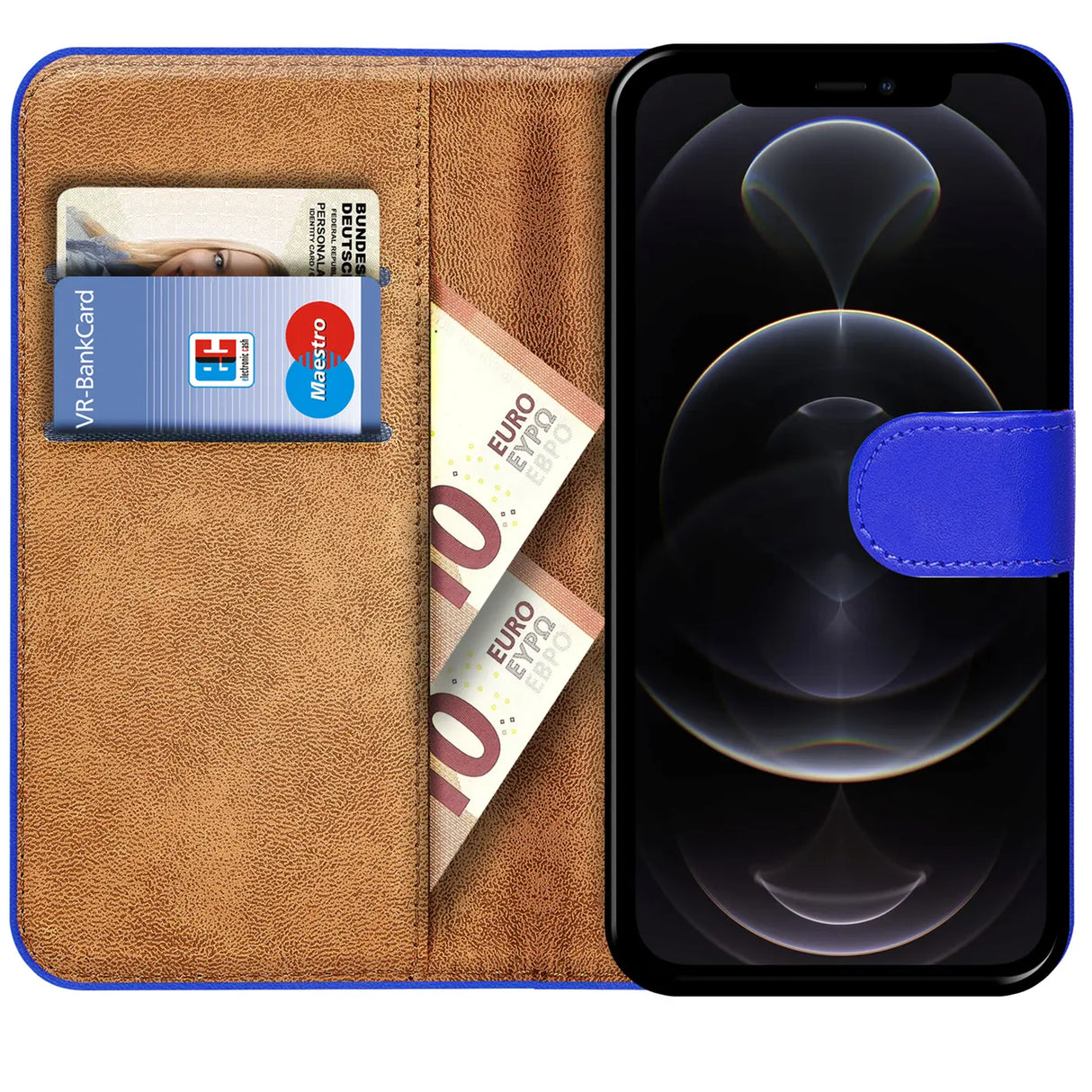 iPhone 12 Pro Max Klapphülle in Blau mit Kartenfächern und Schutz