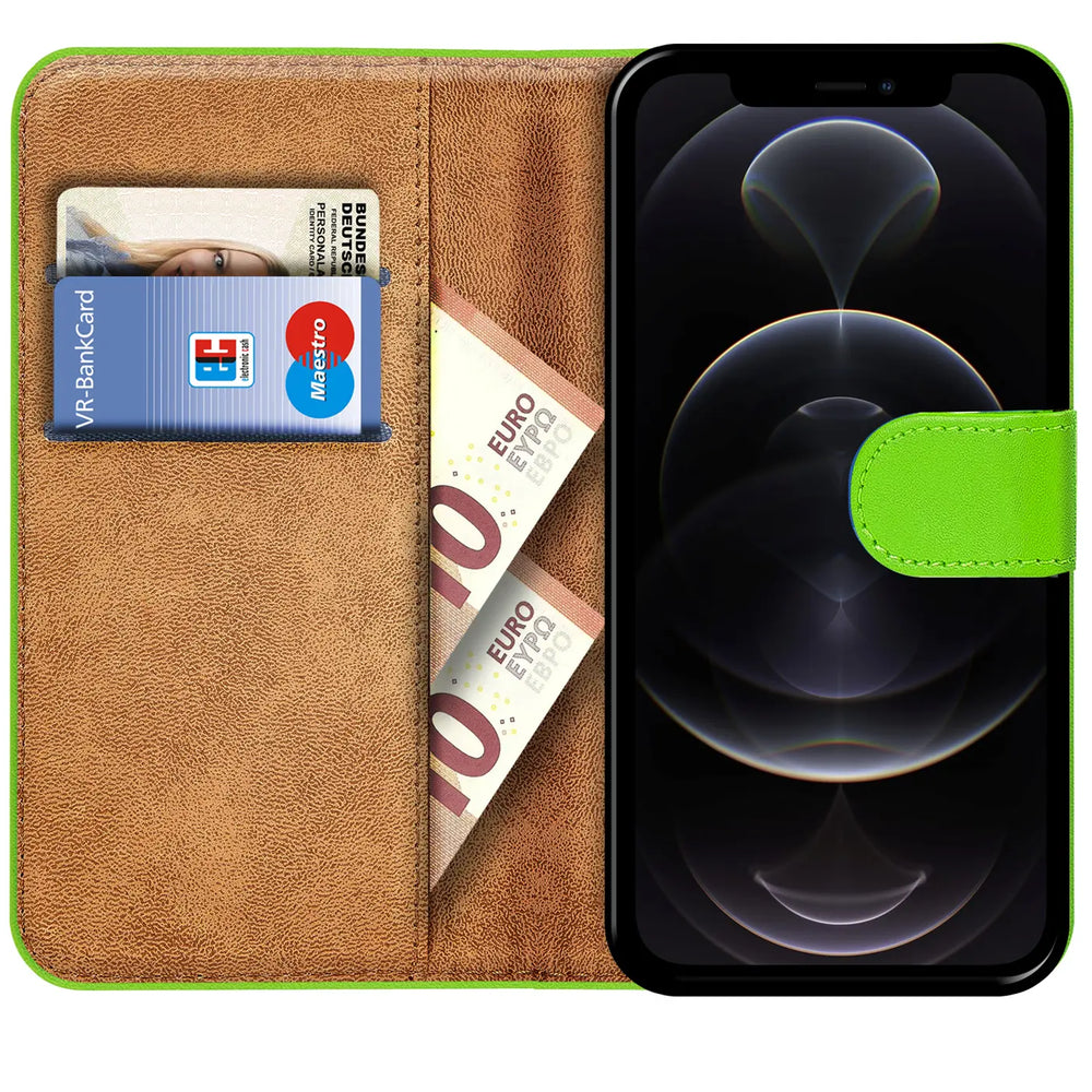 iPhone 12 Pro Max Klapphülle in Grün mit Kartenfächern und Schutz