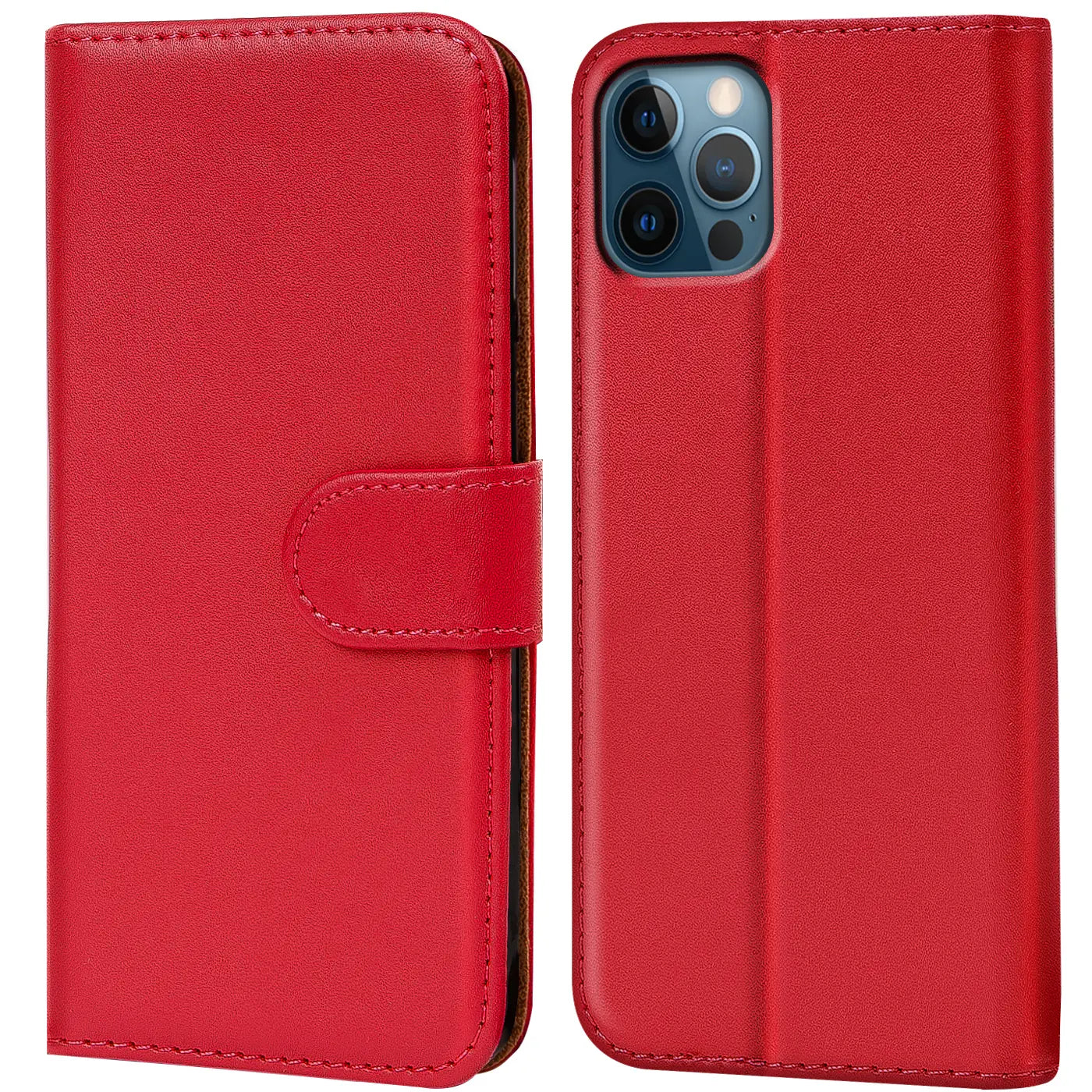 Rote Klapphülle aus Leder mit Kartenfächern, zeigt iPhone 12 Pro von vorne und hinten.