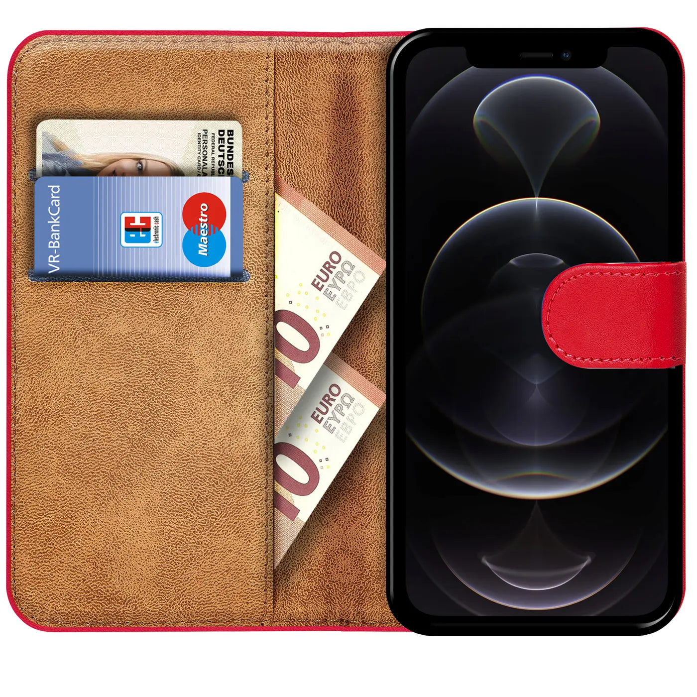 Rote Klapphülle aus Leder mit Kartenfächern und Geldscheinen, zeigt iPhone 12 Pro.