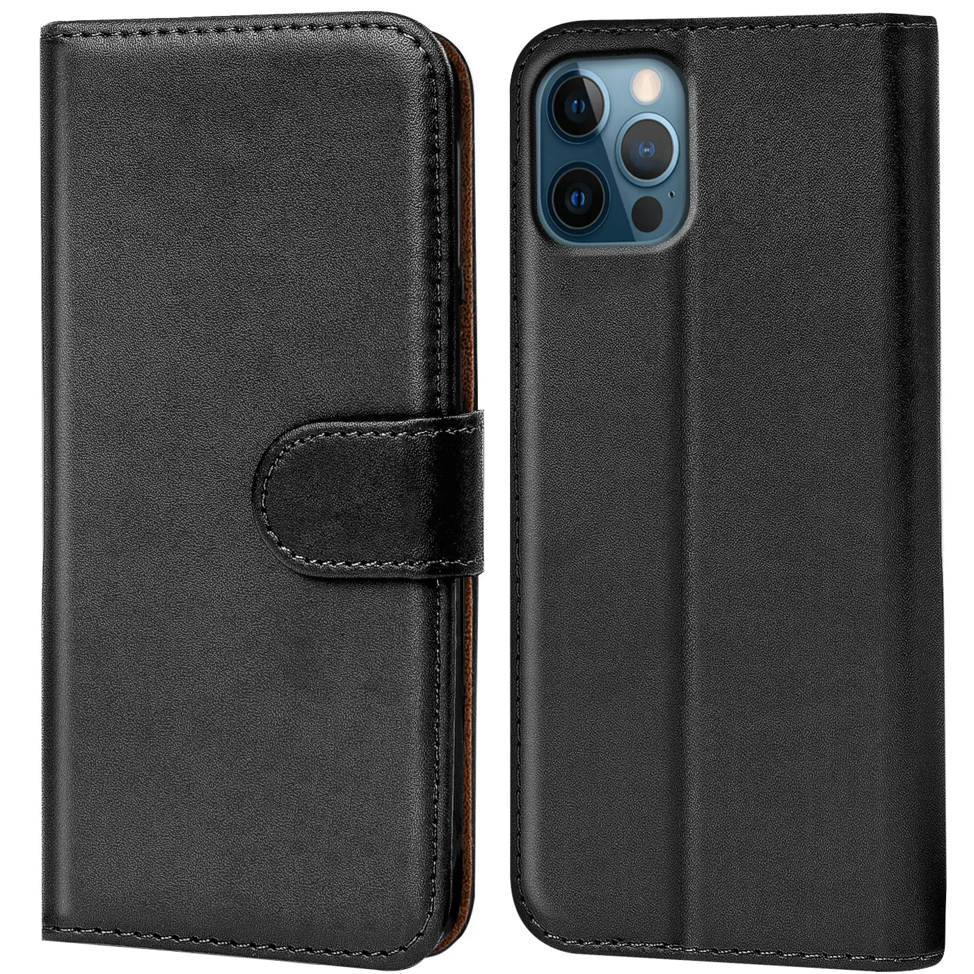 Schwarze Leder-Klapphülle mit Kartenfächern, zeigt iPhone 12 Pro von vorne und hinten.