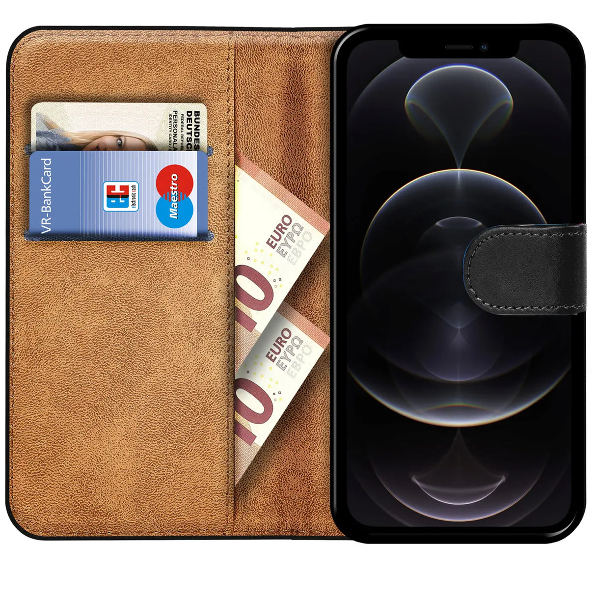 iPhone 12 / 12 Pro Klapphülle in Schwarz mit Kartenfächern und Schutz