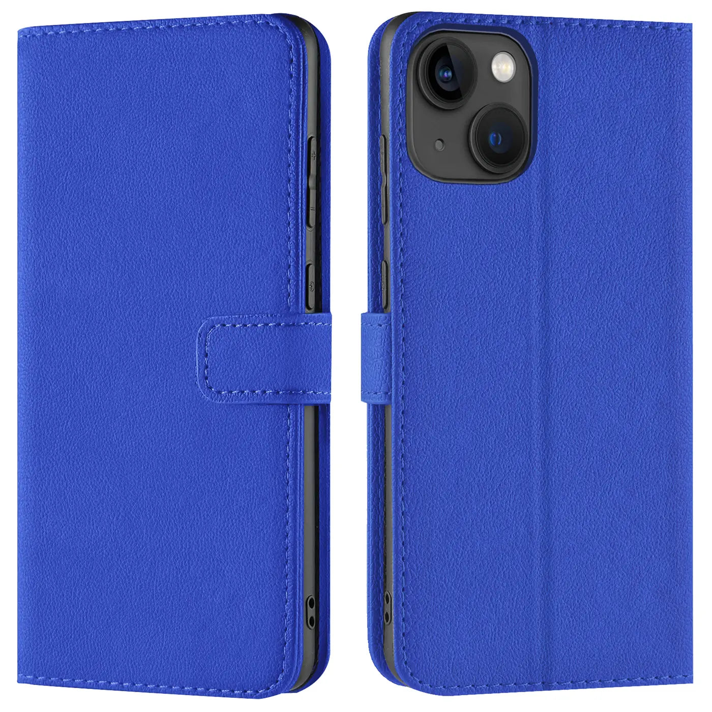 Blaue Kunstleder-Klapphülle mit Kartenfächern, Vorder- und Rückansicht, iPhone 13.