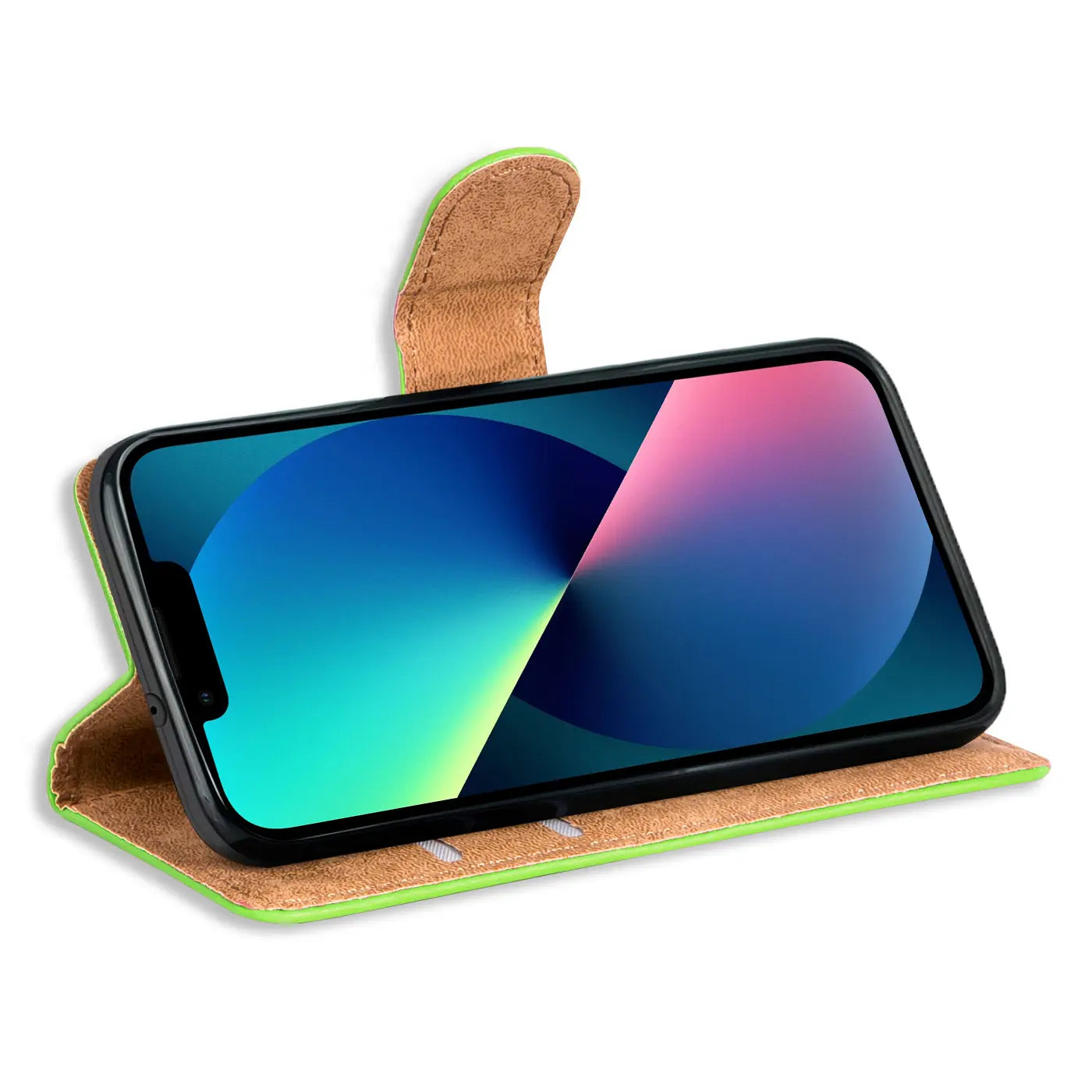 Grüne Klapphülle aus Leder mit Kartenfächern für iPhone 13, Seitenansicht.
