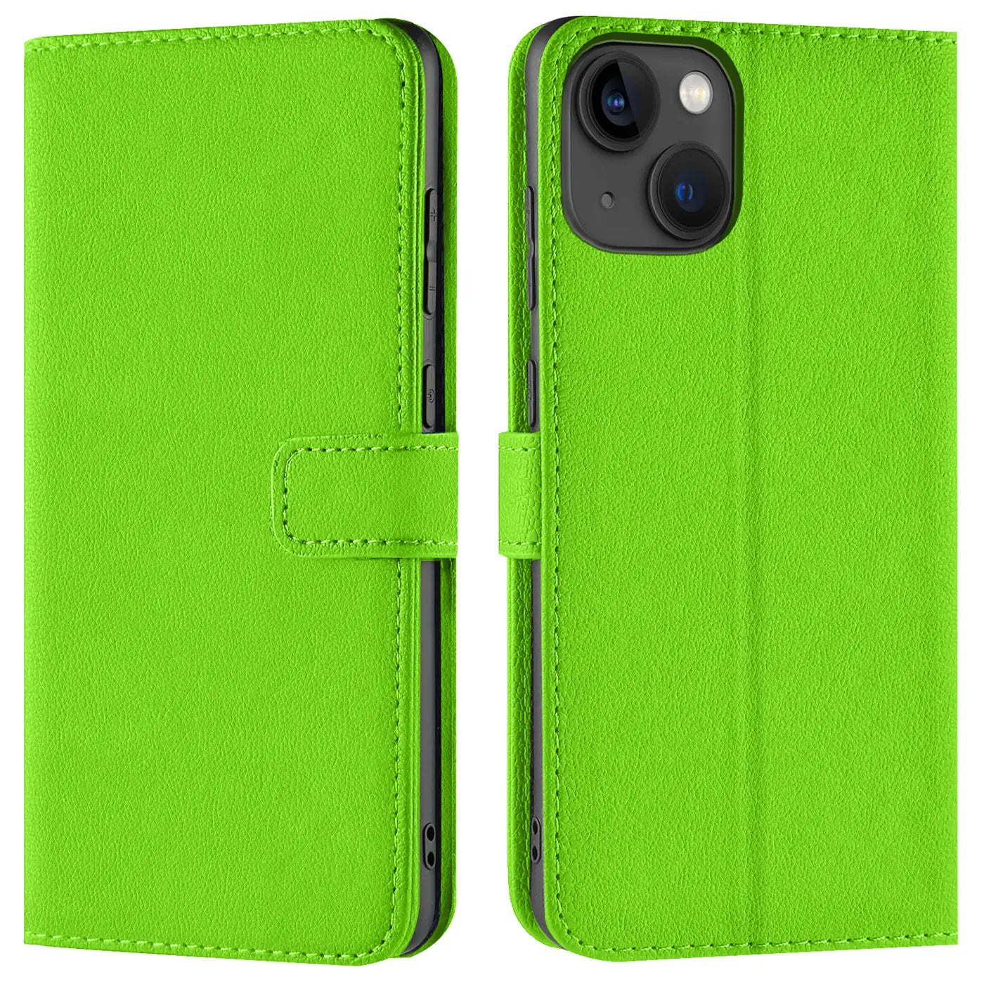 Grüne Kunstleder-Klapphülle mit Kartenfächern für iPhone 13 Mini, Vorder- und Rückansicht.