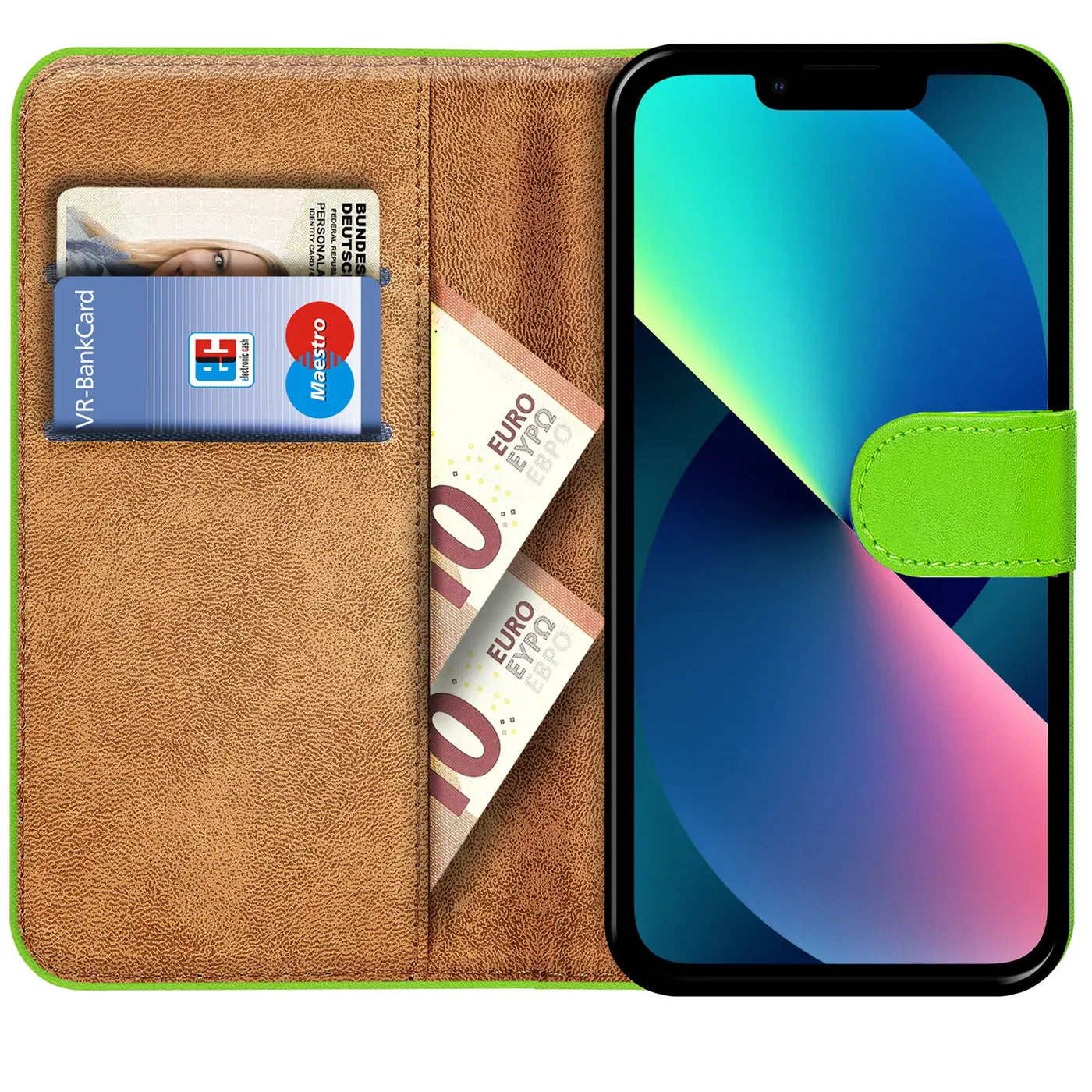 Grüne Klapphülle aus Leder mit Kartenfächern und Geldscheinfach, zeigt iPhone 13 Mini.