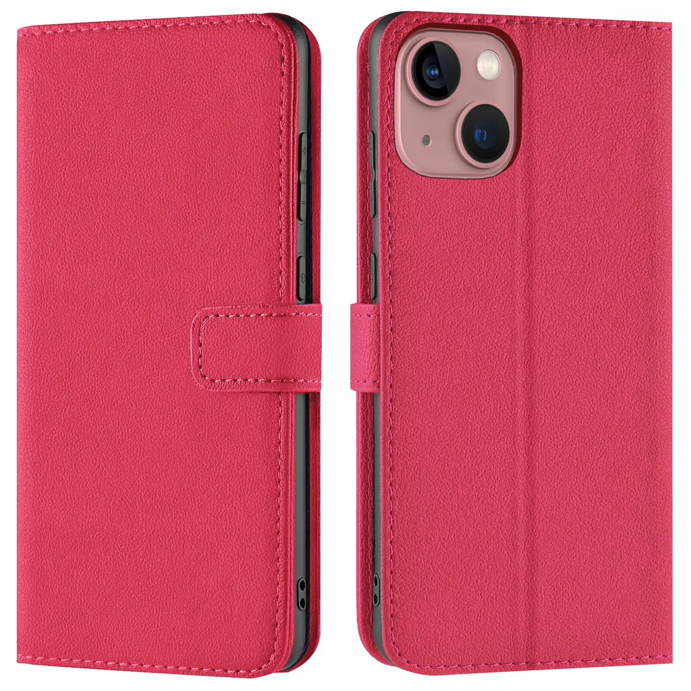 Rote Kunstleder-Klapphülle mit Kartenfächern, Vorder- und Rückansicht, iPhone 13 Mini.