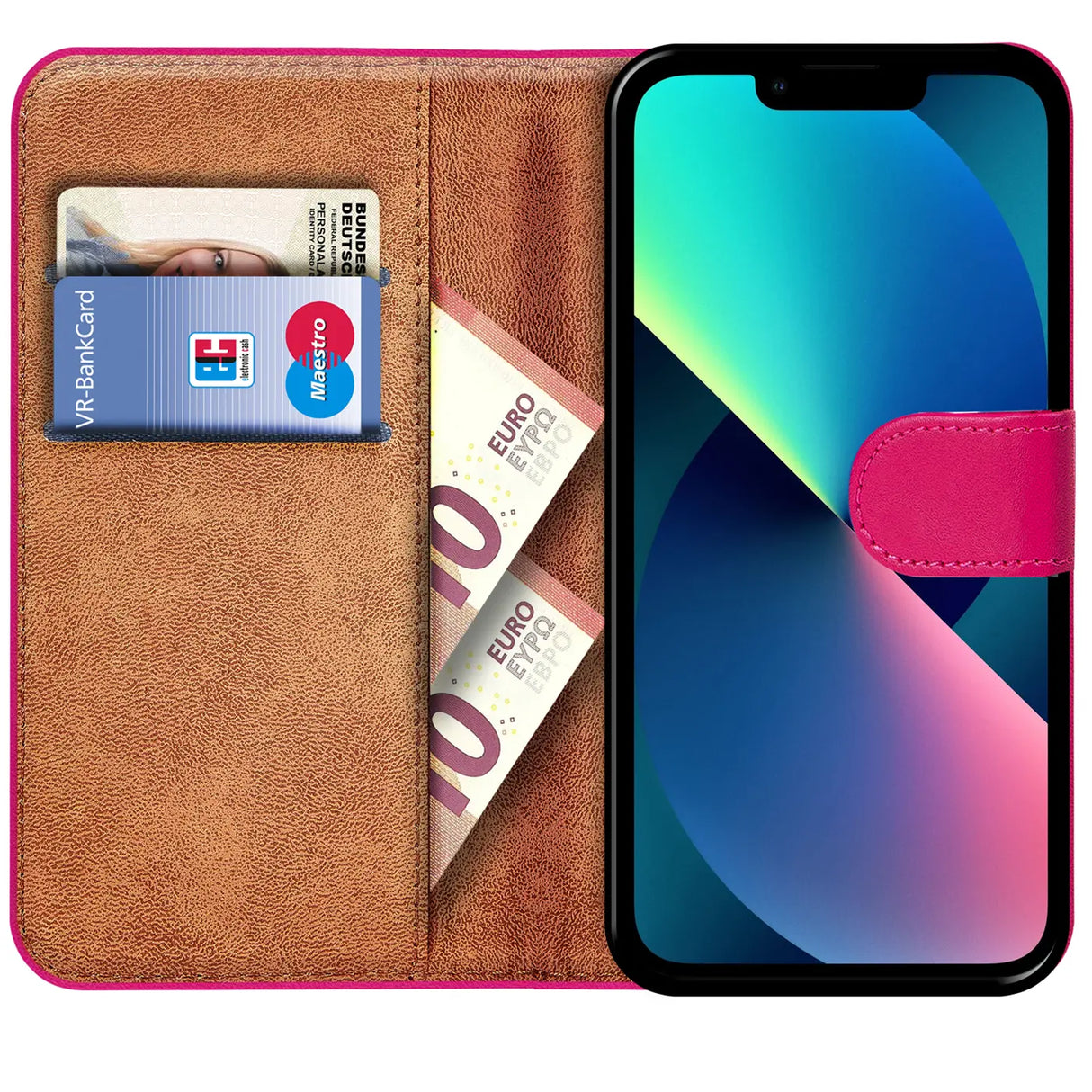 iPhone 13 Mini Klapphülle in Pink mit Kartenfächern und Schutz