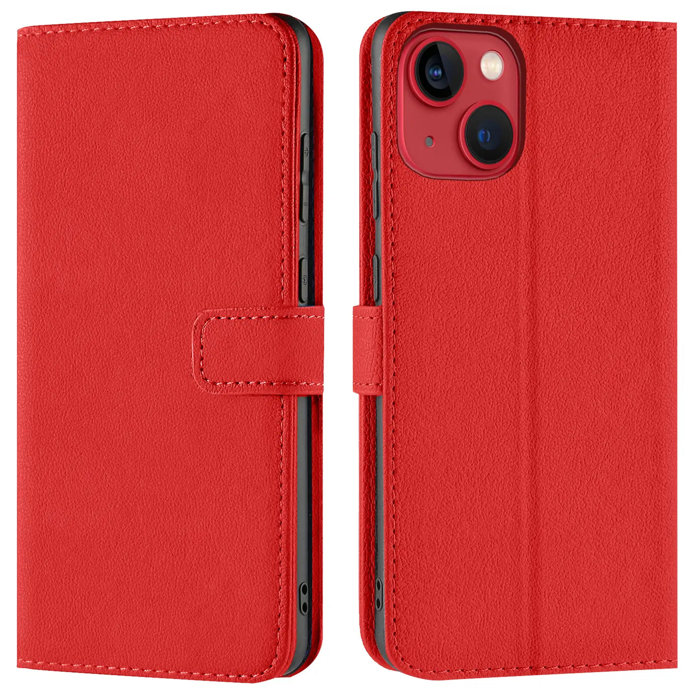 Rote Leder-Klapphülle mit Kartenfächern, Vorder- und Rückansicht, iPhone 13 Mini.