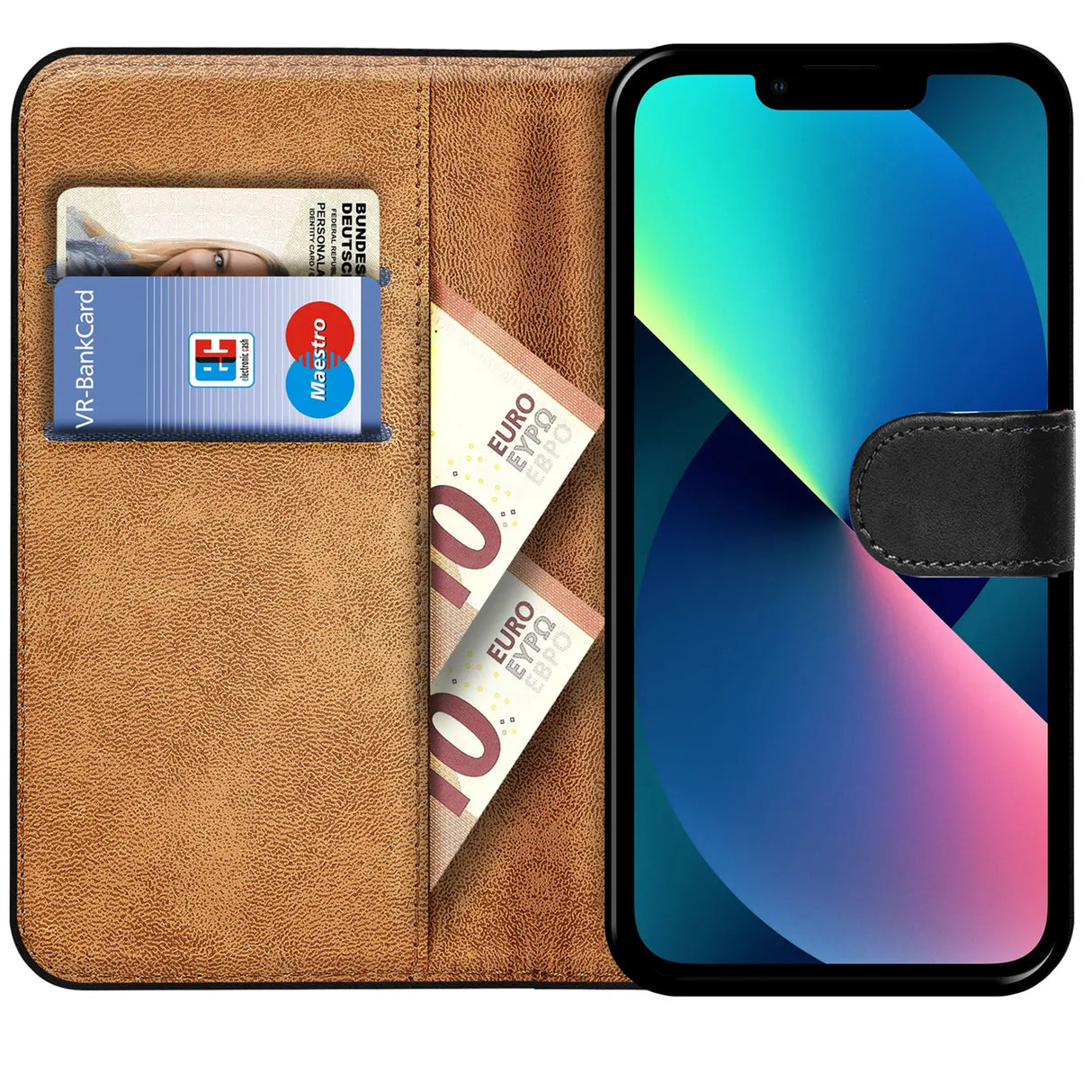 iPhone 13 Mini Klapphülle in Schwarz mit Kartenfächern und Schutz