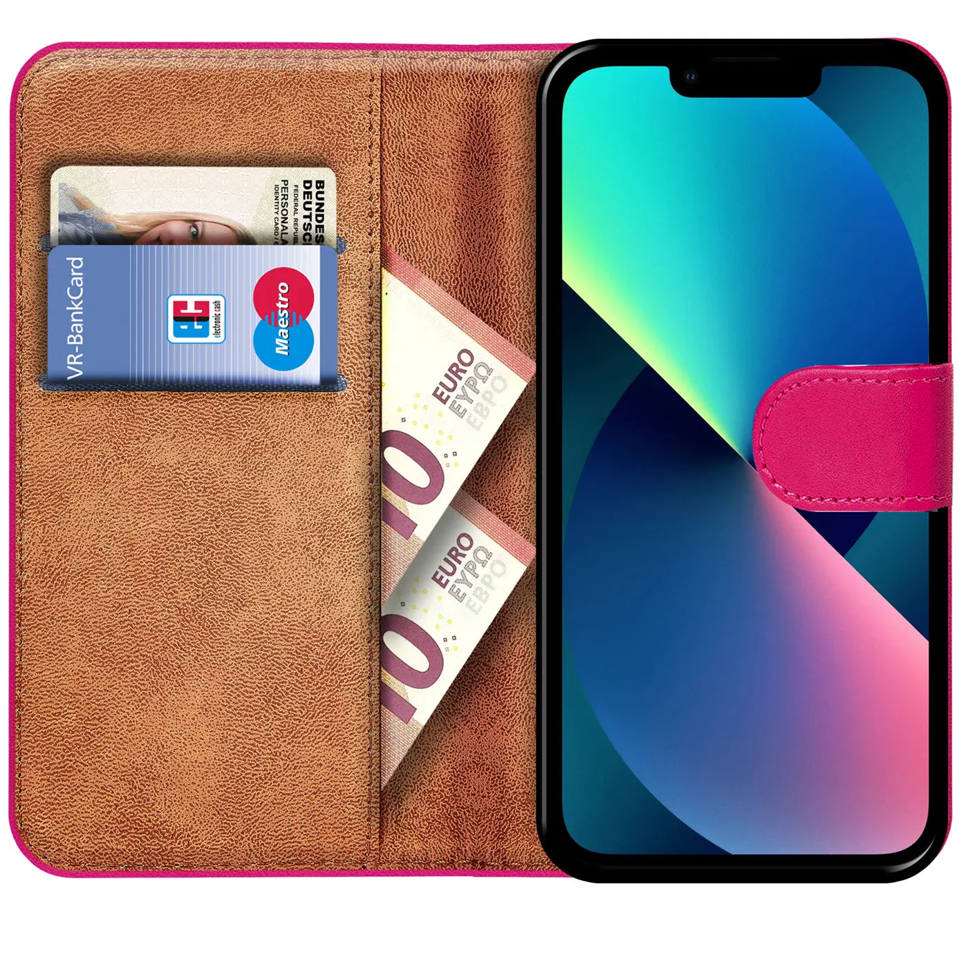 Braune Leder-Klapphülle mit Kartenfächern, zeigt iPhone 13, von vorne