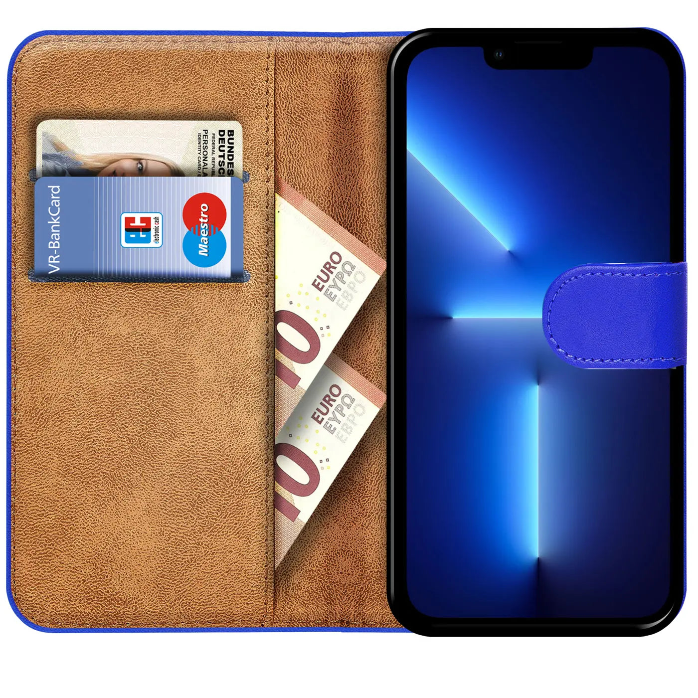 Blaue Klapphülle aus Leder mit Kartenfächern und Geldscheinen, zeigt iPhone 13 Pro.
