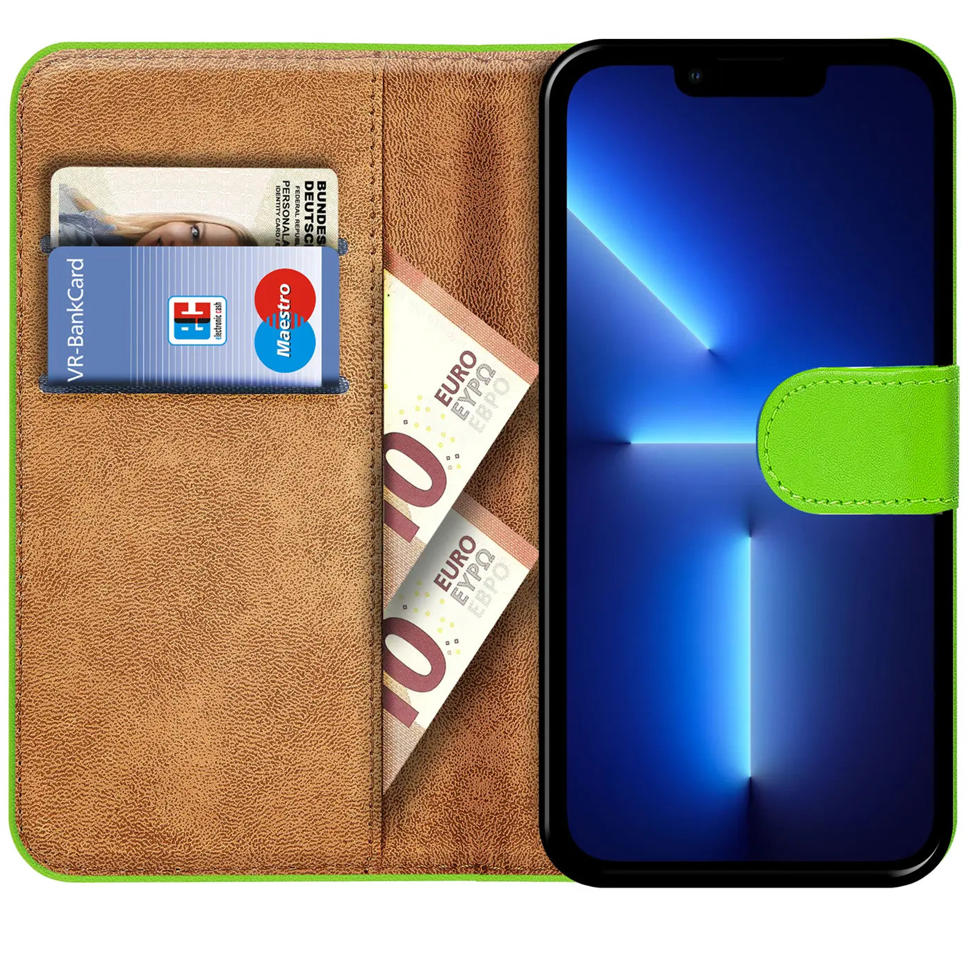 Grüne Klapphülle aus Kunstleder mit Kartenfächern und Geldscheinfach, zeigt iPhone 13 Pro.