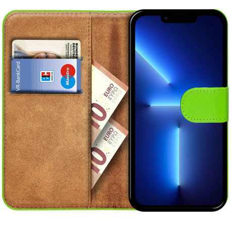 iPhone 13 Pro Max Klapphülle in Grün mit Kartenfächern und Schutz
