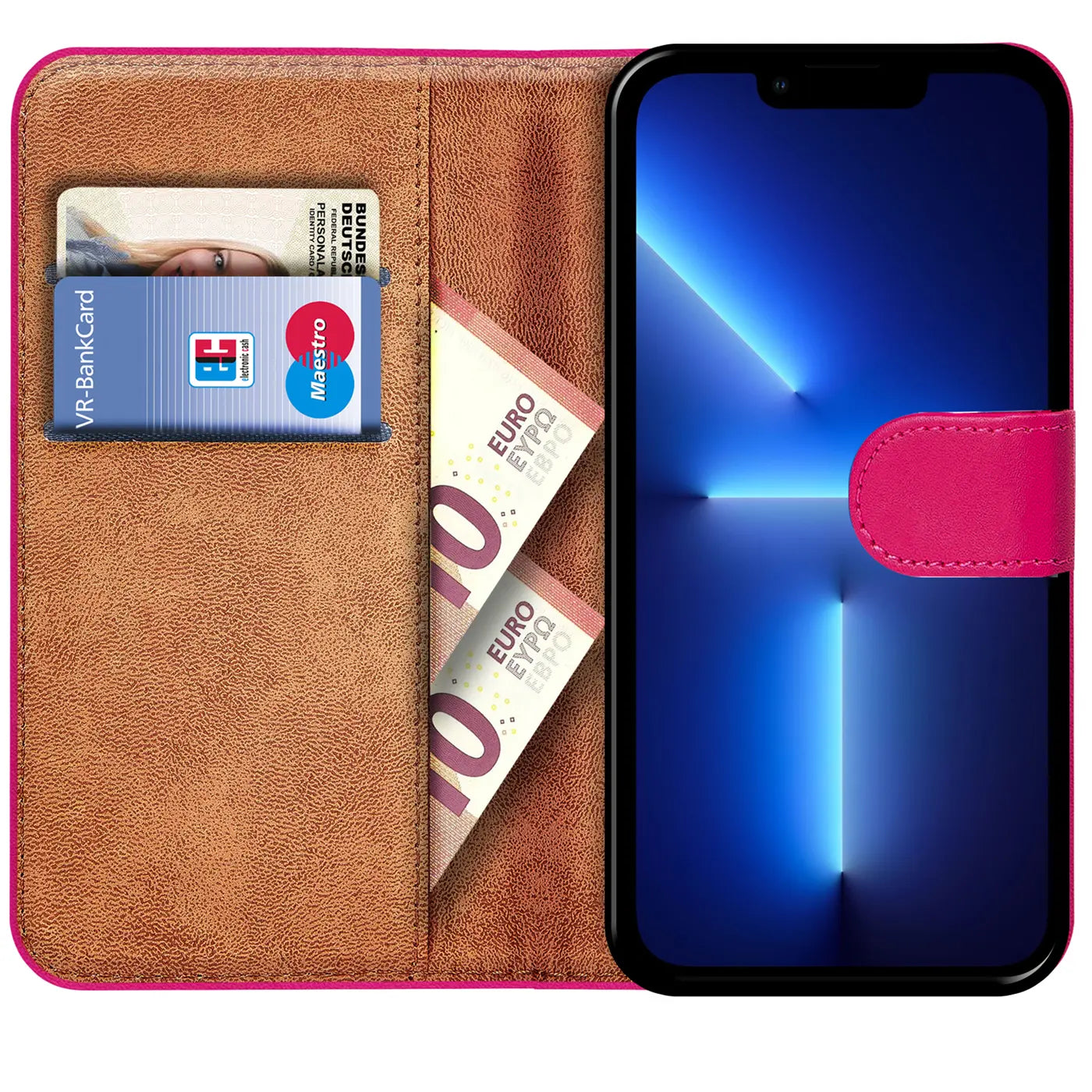 iPhone 13 Pro Max Klapphülle, pink, Lederoptik, mit Kartenfächern und Geldscheinfach.