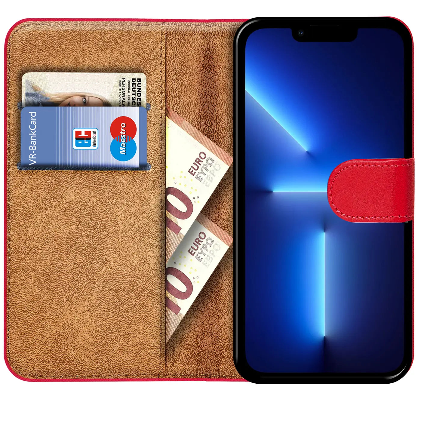 Rote Klapphülle aus Leder mit Kartenfächern und Geldscheinen, zeigt iPhone 13 Pro Max.