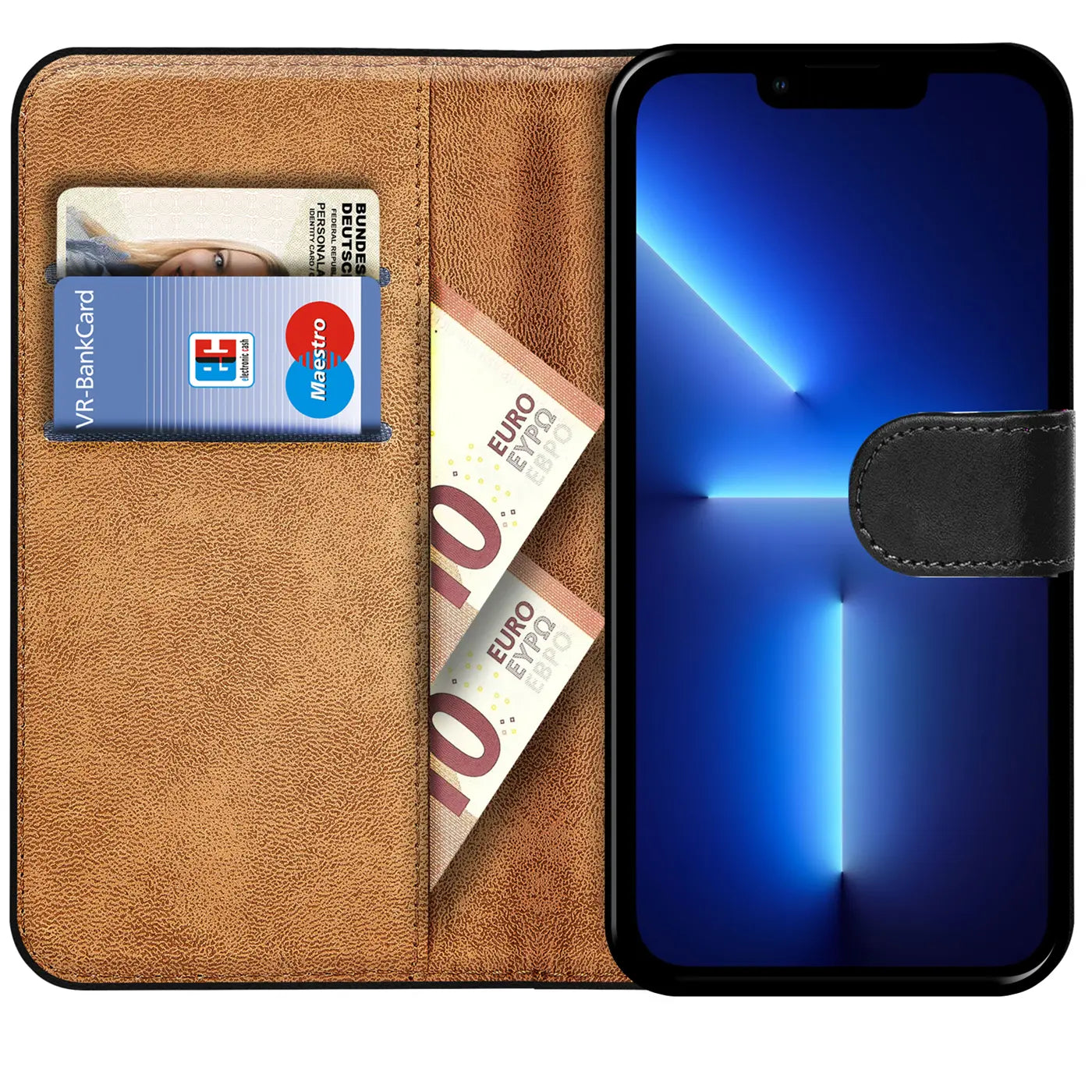 Braune Leder-Klapphülle mit Kartenfächern und Geldscheinen, iPhone 13 Pro, von vorne