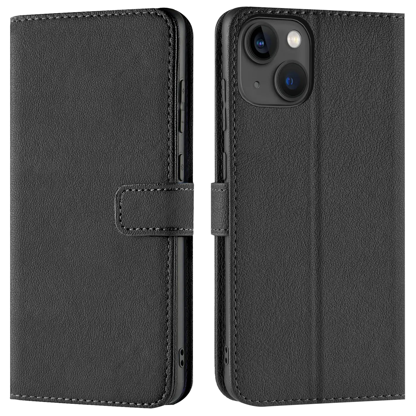 Schwarze Leder-Klapphülle mit Kartenfächern, zeigt iPhone 13 (geschlossen und offen) von vorne.
