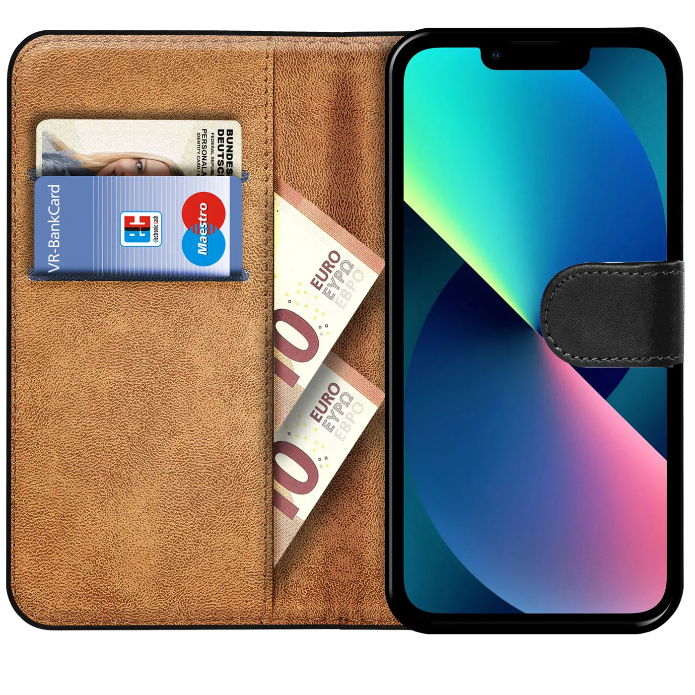 Braune Leder-Klapphülle mit Kartenfächern und iPhone 13, von vorne