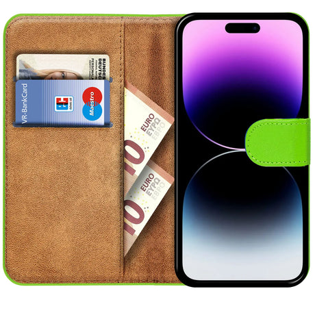 iPhone 14 Pro Klapphülle in Grün mit Kartenfächern und Schutz