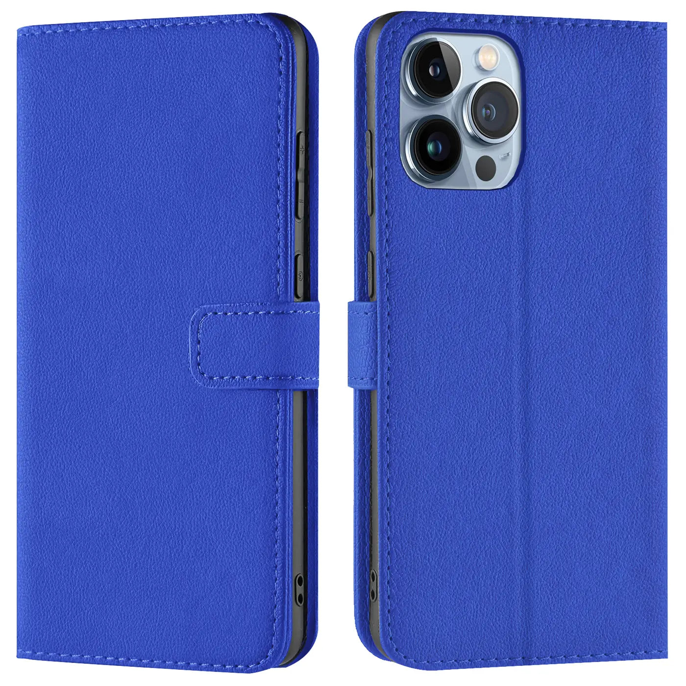 Blaue Kunstleder-Klapphülle mit Kartenfächern, Vorder- und Rückansicht, iPhone 14 Pro Max.