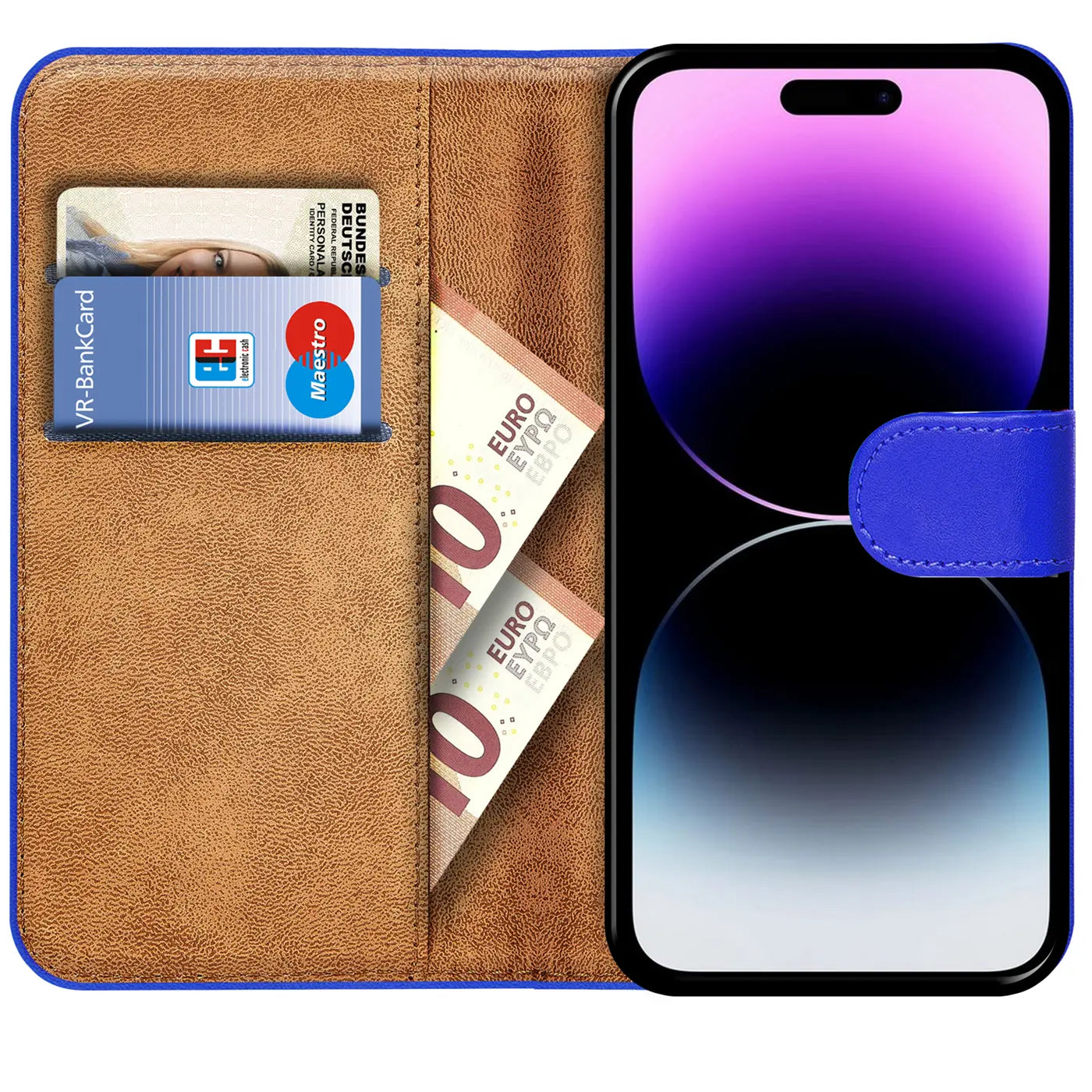 Blaue Kunstleder-Klapphülle mit Kartenfächern, zeigt iPhone 14 Pro Max.