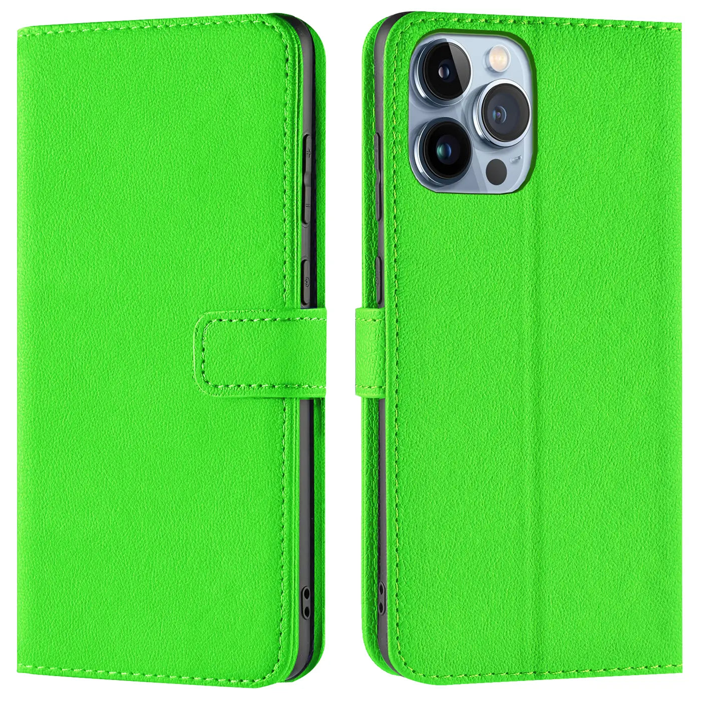 Grüne Kunstleder-Klapphülle mit Kartenfächern, Vorder- und Rückansicht, iPhone 14 Pro Max.