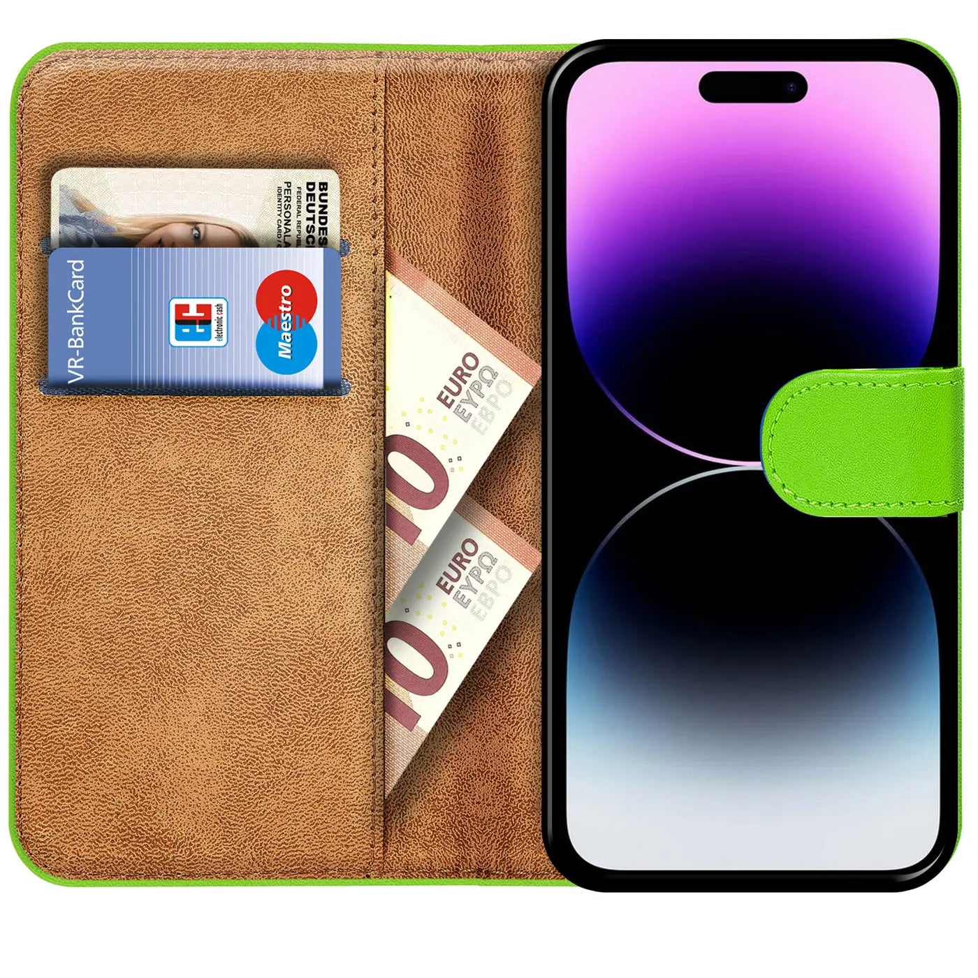 Grüne Klapphülle aus Leder mit Kartenfächern, zeigt iPhone 14 Pro Max.