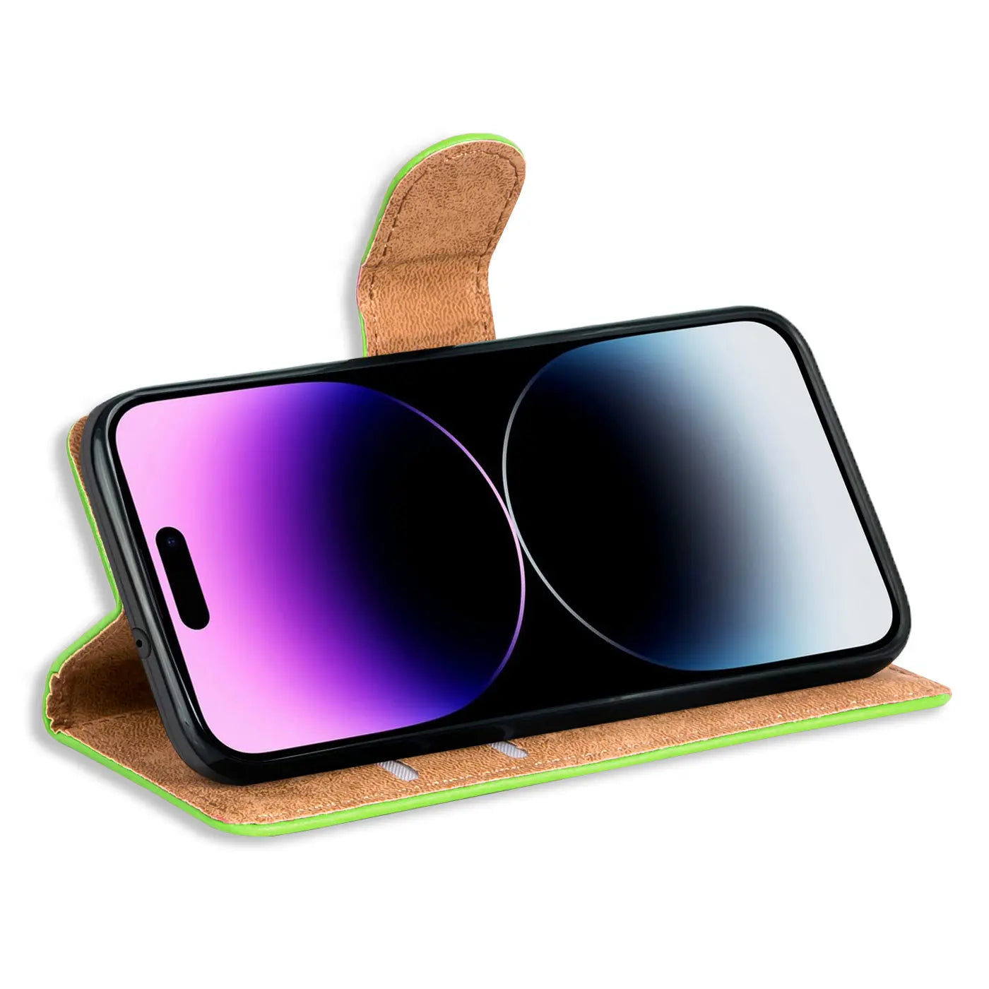 Grüne Klapphülle aus Kunstleder mit braunem Verschluss, iPhone 14 Pro Max, Seitenansicht.