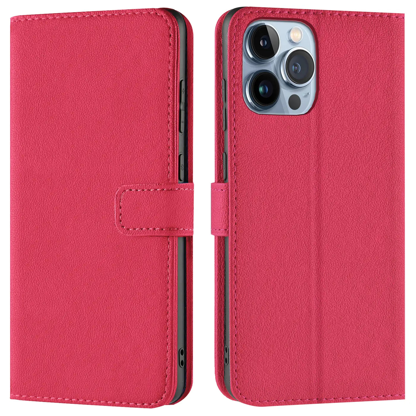 Rote Leder-Klapphülle mit Kartenfächern für iPhone 14 Pro Max, Seitenansicht.