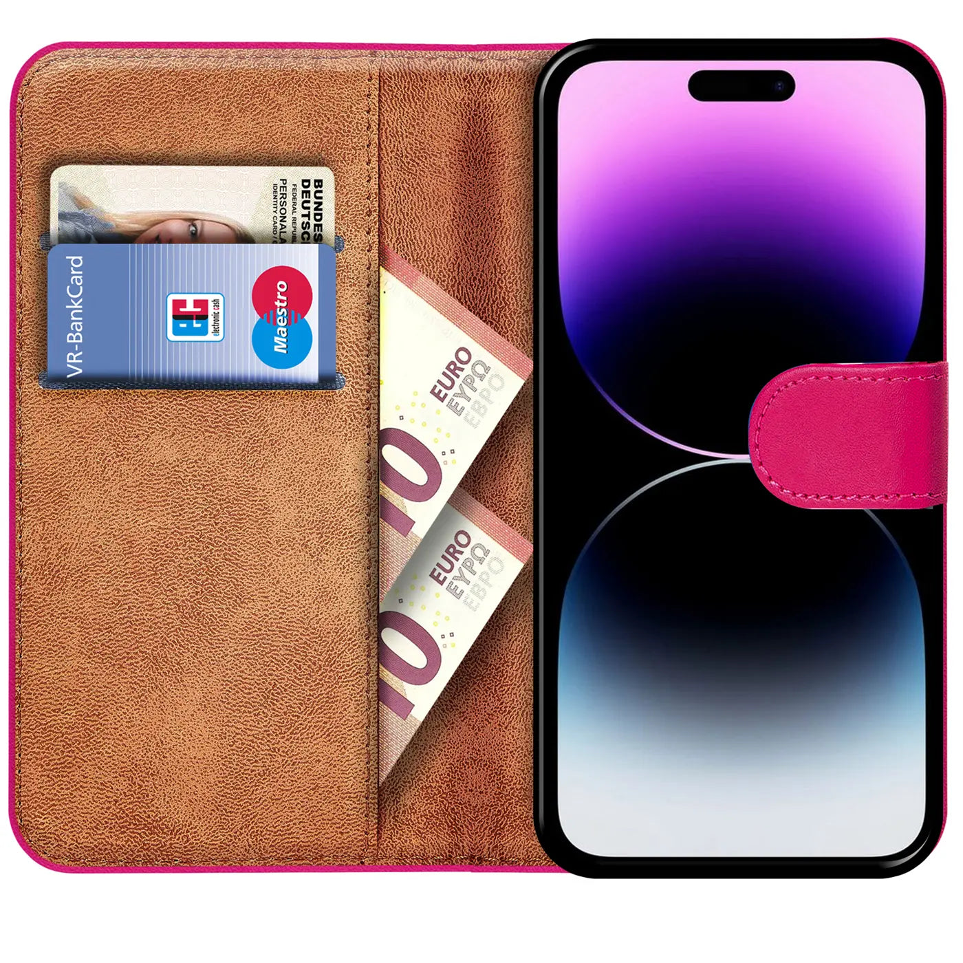 Braune Leder-Klapphülle mit pinkem Verschluss, zeigt iPhone 14 Pro Max, Karten, Geldscheine.