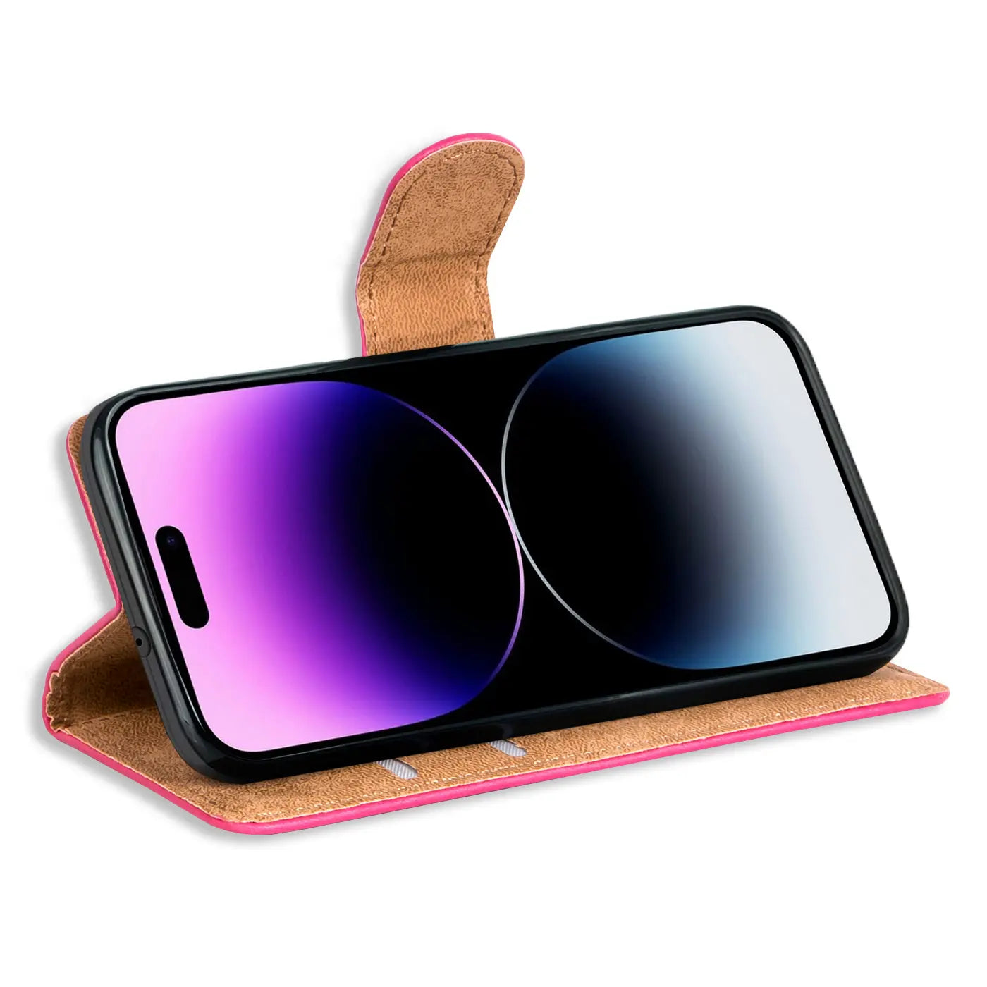 Rosa Leder-Klapphülle mit braunem Innenfutter für iPhone 14 Pro Max, Seitenansicht.